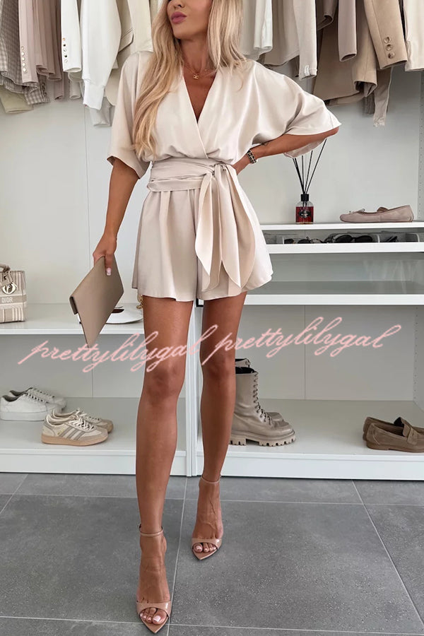 Stylish Comfortable V-Neck Wide Sleeve Tie-Up Loose Romper for Women - Summer Casual Outfit, Beach Cover-Up, Lounge Wear, and Vacation Essentials