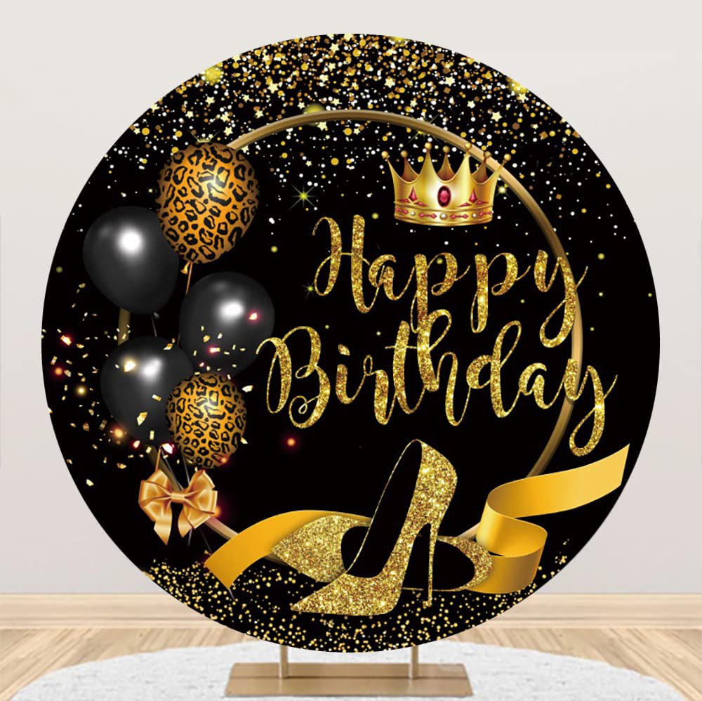 Yeele 6x6ft Black & Gold Birthday Backdrop with High Heels, Leopard Balloons & Confetti - Elegant Photography Background for Women's 30th 40th 50th Birthday Parties, Baby Showers & Bridal Showers - Perfect for Photo Booths, Social Media Posts & Event Decorations