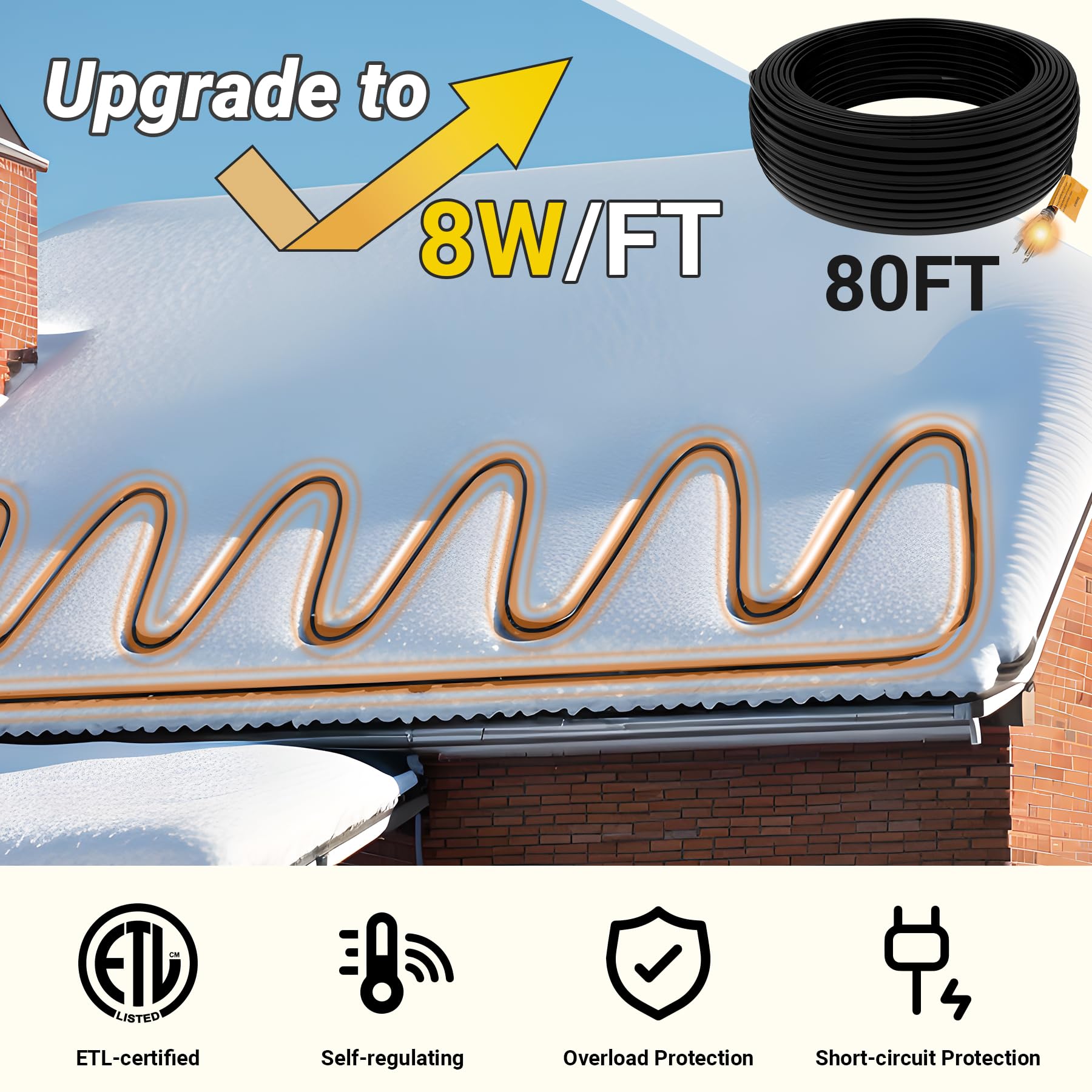 80FT Self-Regulating Roof & Gutter Heat Cable - 8 Watts/FT with 35 Clips & Spacers - LED Plug for Ice Dam & Pipe Freeze Prevention (120V) - Perfect for Winter Roof Protection & Gutter Maintenance