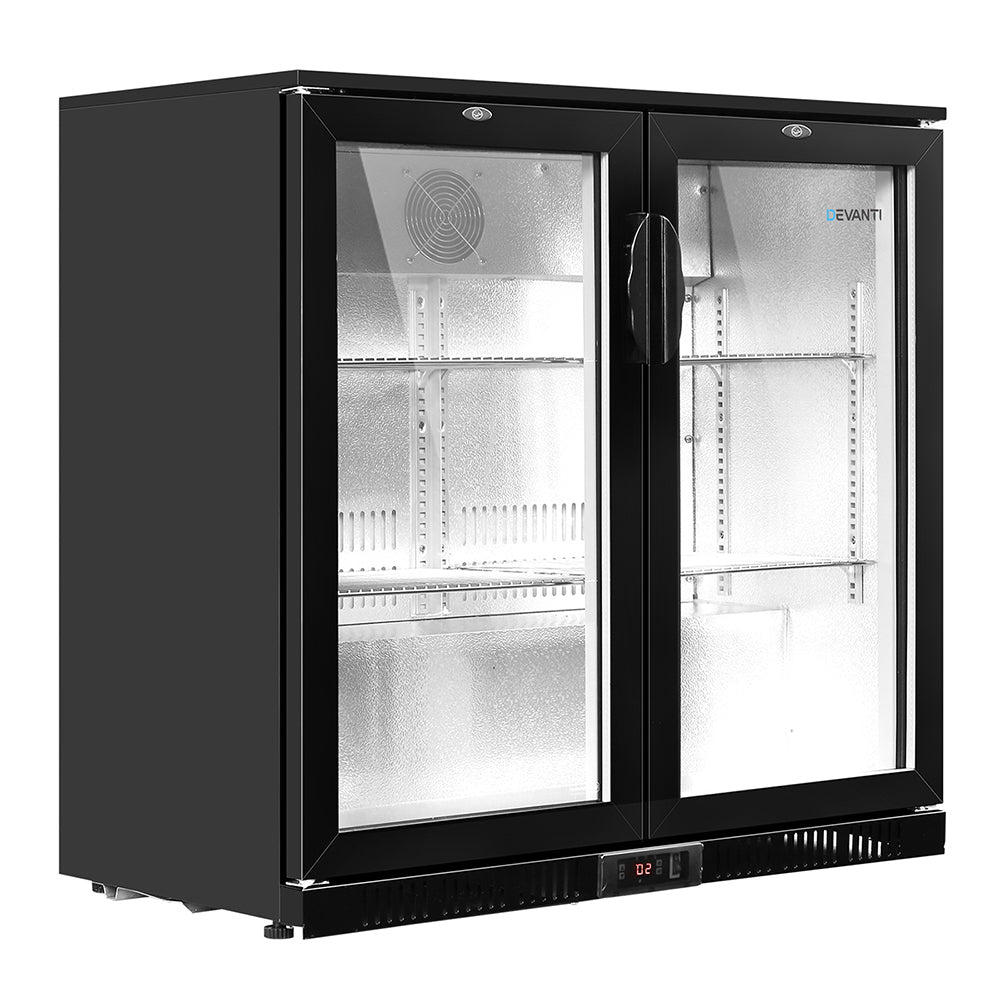 Devanti 198L Mini Bar Fridge with Dual Glass Door & LED Light - Black | Compact Beverage Cooler for Home, Office, or Entertainment Room