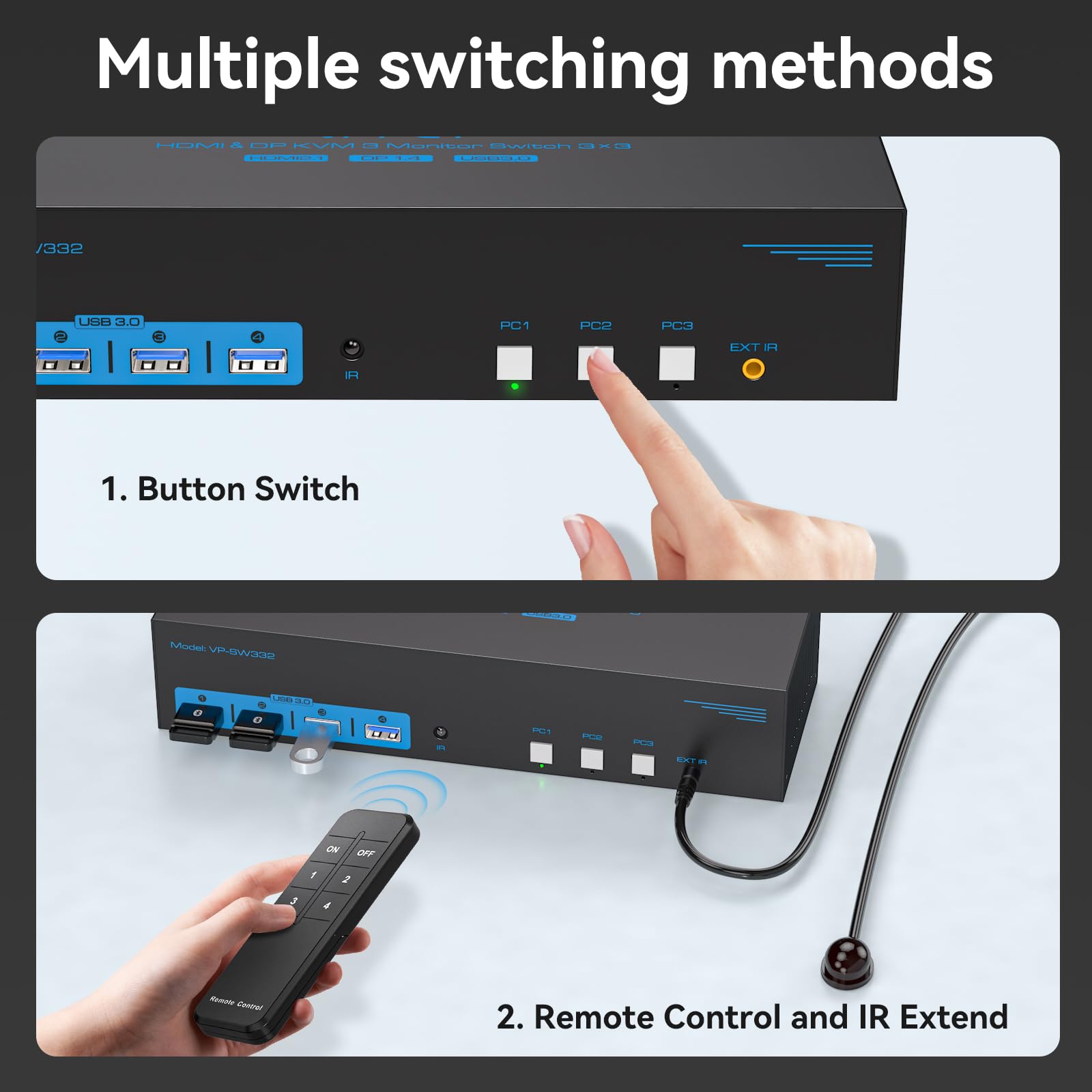 8K 4K 144Hz HDMI KVM Switch with 2 DisplayPort - Triple Monitor Support for 3 Computers, USB 3.0 Hub, Extended/Copy Mode - Perfect for Multi-Tasking, Gaming, and Office Workstations
