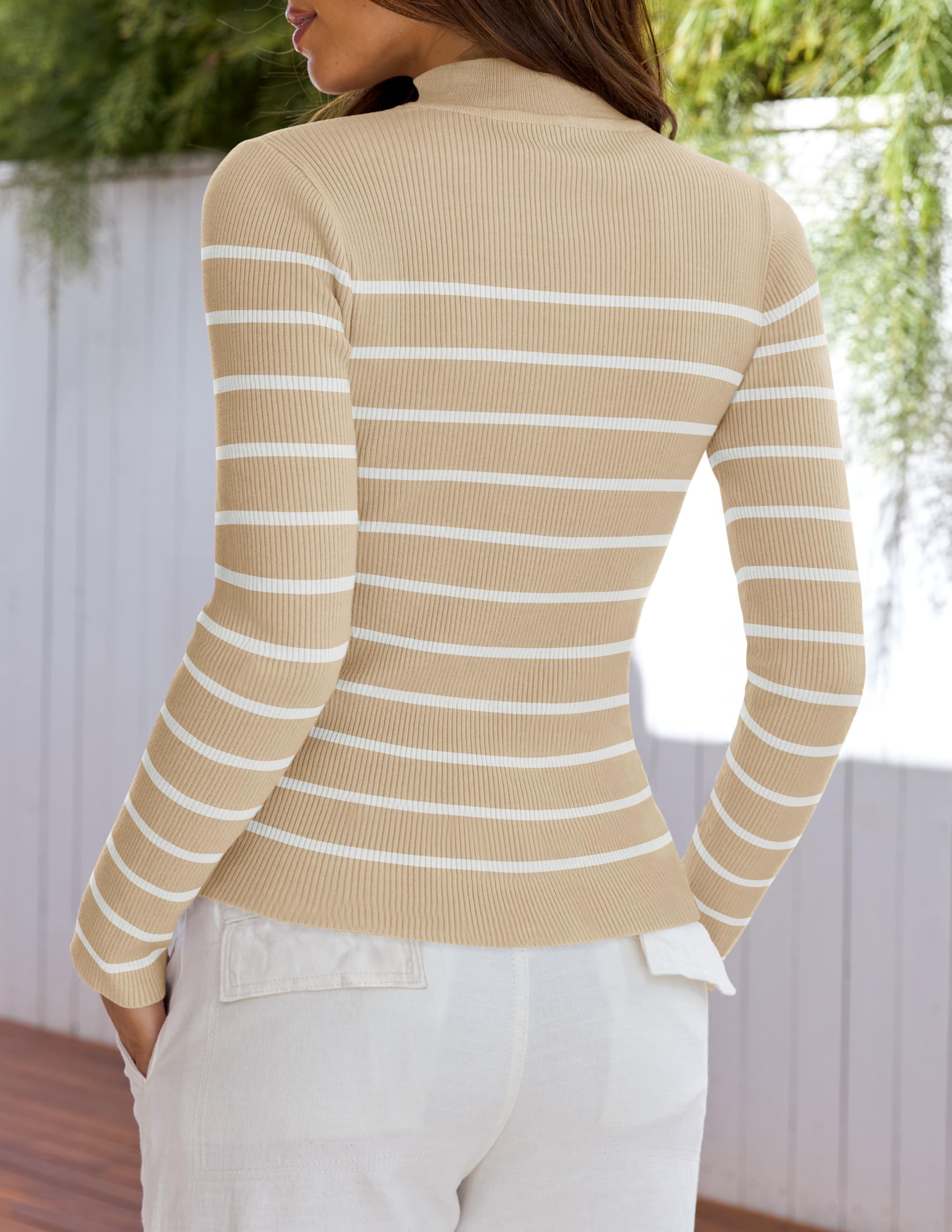 ZESICA Women's Mock Neck Sweater Long Sleeve Ribbed Knit Top - Business Casual Striped Pullover for Office, Work & Fall Outfits | Comfortable & Stylish Workwear Essential