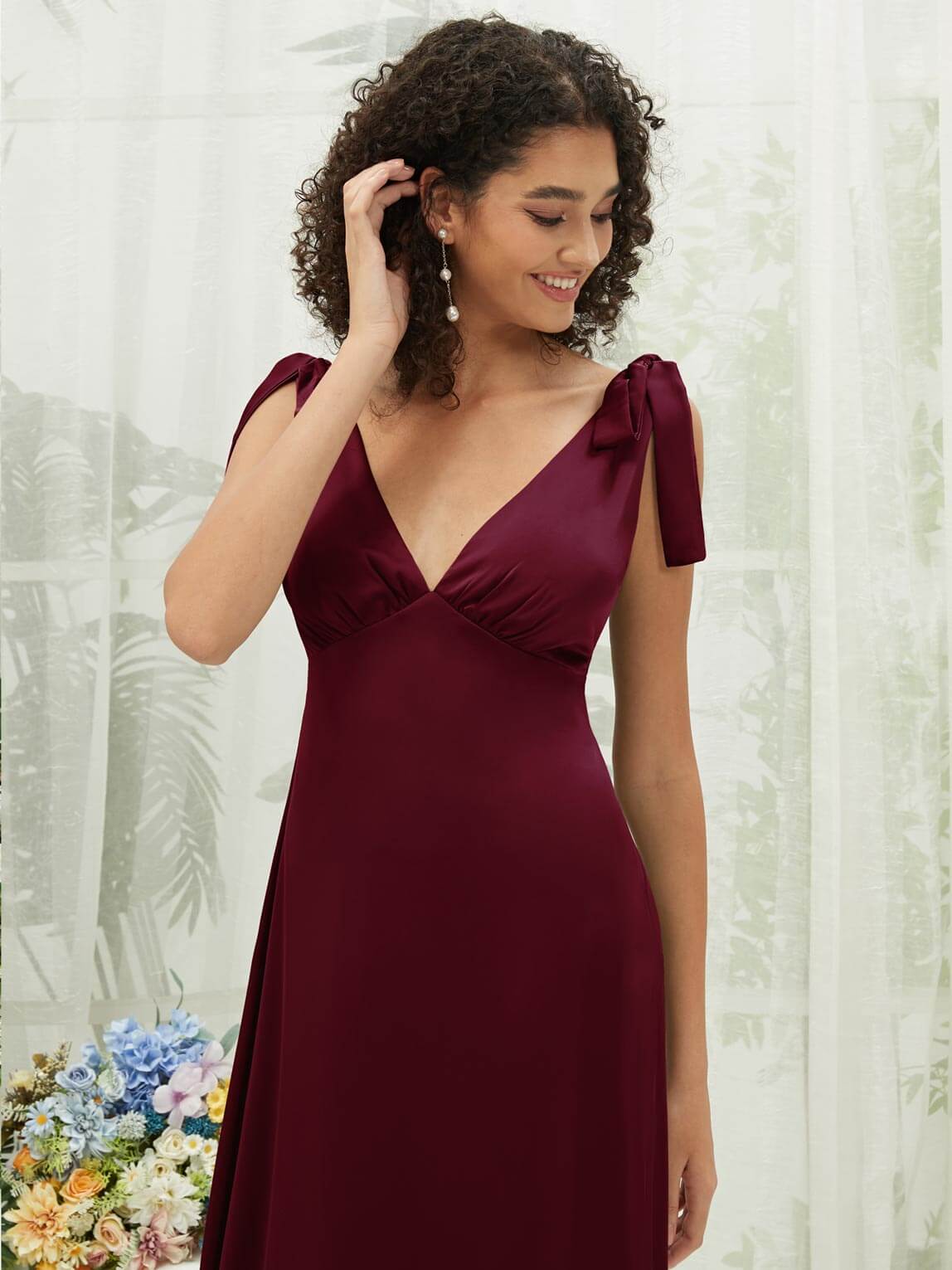 Burgundy V-Neck Bridesmaid Dress with Detachable Bow Straps - Silk Satin Convertible Tea-Length Formal Gown for Weddings, Parties & Special Occasions