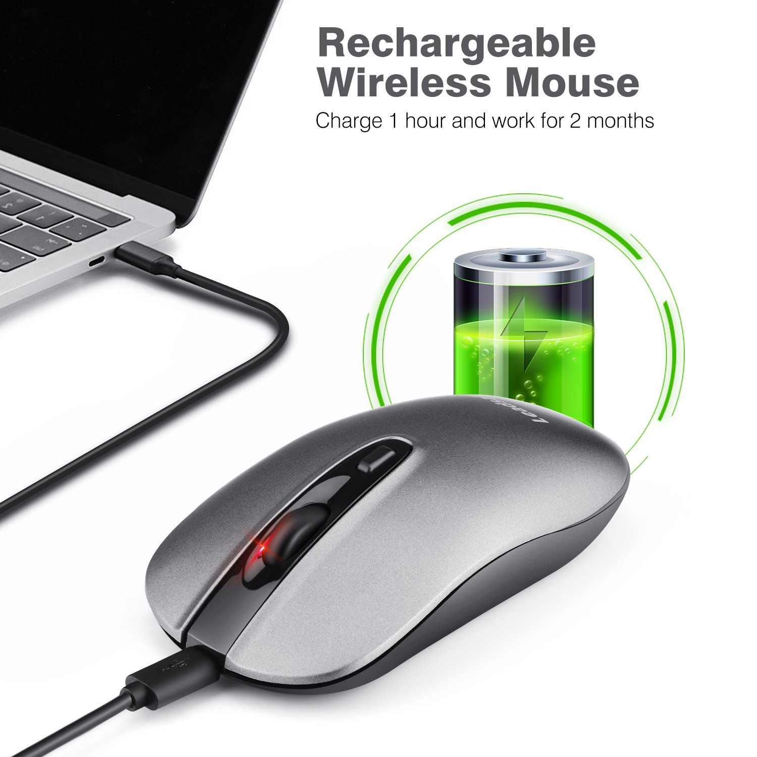 LeadsaiL Rechargeable Wireless Mouse - 2.4G Slim Silent Optical Mouse with 5 Adjustable DPI Levels, USB Cordless Mouse for Laptop, Desktop, MacBook, Ideal for Office, Home, and Travel Use