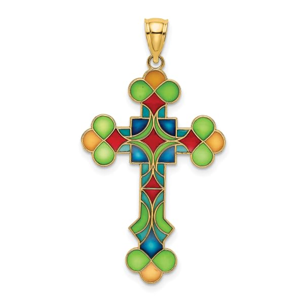 14K Solid Yellow Gold Multi-Color Holy Cross Pendant Necklace - Religious Jesus Christ Charm Jewelry for Women & Men - Perfect for Church, Baptism, Confirmation & Daily Wear