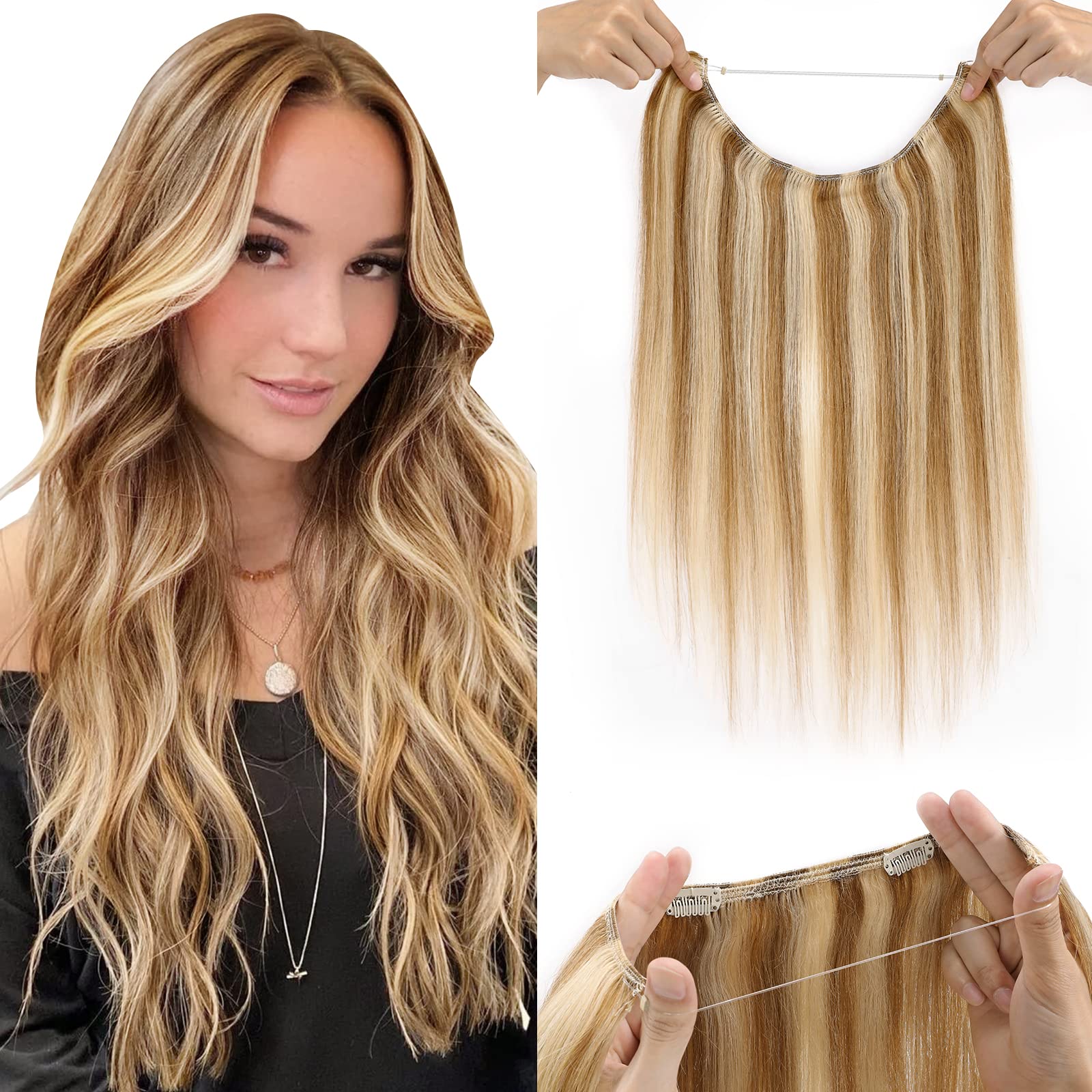 Benehair 18 Inch Halo Hair Extensions - 100% Real Human Hair with Invisible Wire for Women | Golden Brown & Bleach Blonde Highlights (#12P613) | Perfect for Weddings, Parties & Daily Styling
