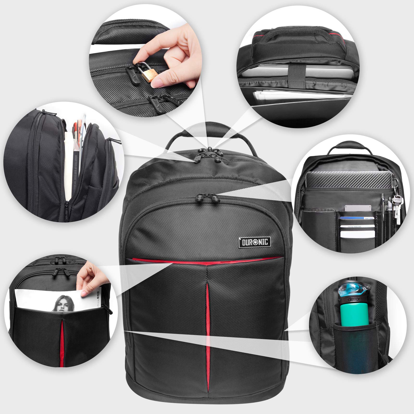 Duronic Lightweight Water Resistant 15.6 Inch Laptop Backpack - Business Travel Computer Bag for Men & Women, School Rucksack, Gym Backpack with USB Charging Port - Perfect for Work, College, Commuting and Daily Use