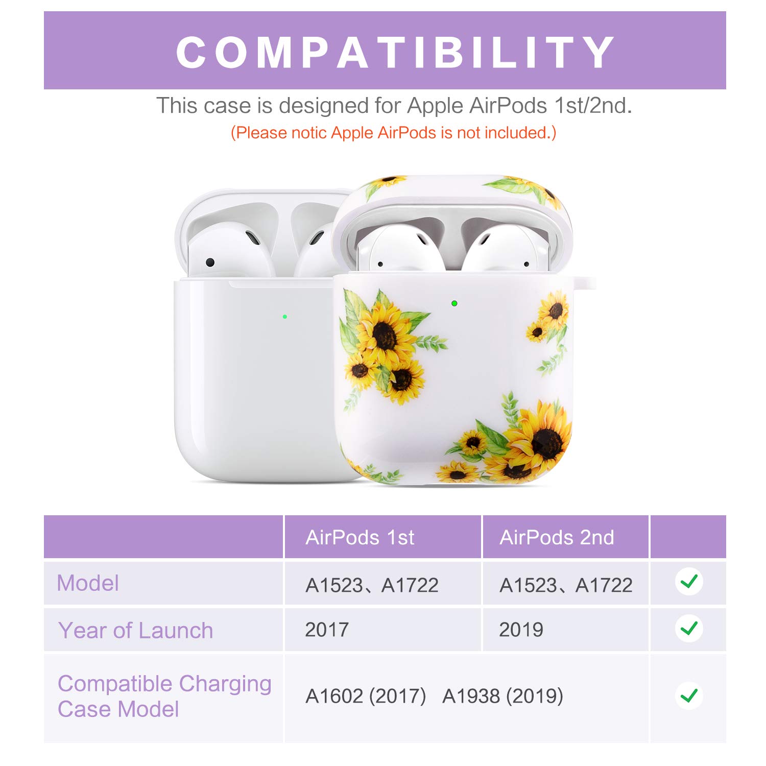 Sunflower AirPods Case for AirPods 1/2 - Wireless Charging & Keychain - Cute Protective Cover for Daily Use