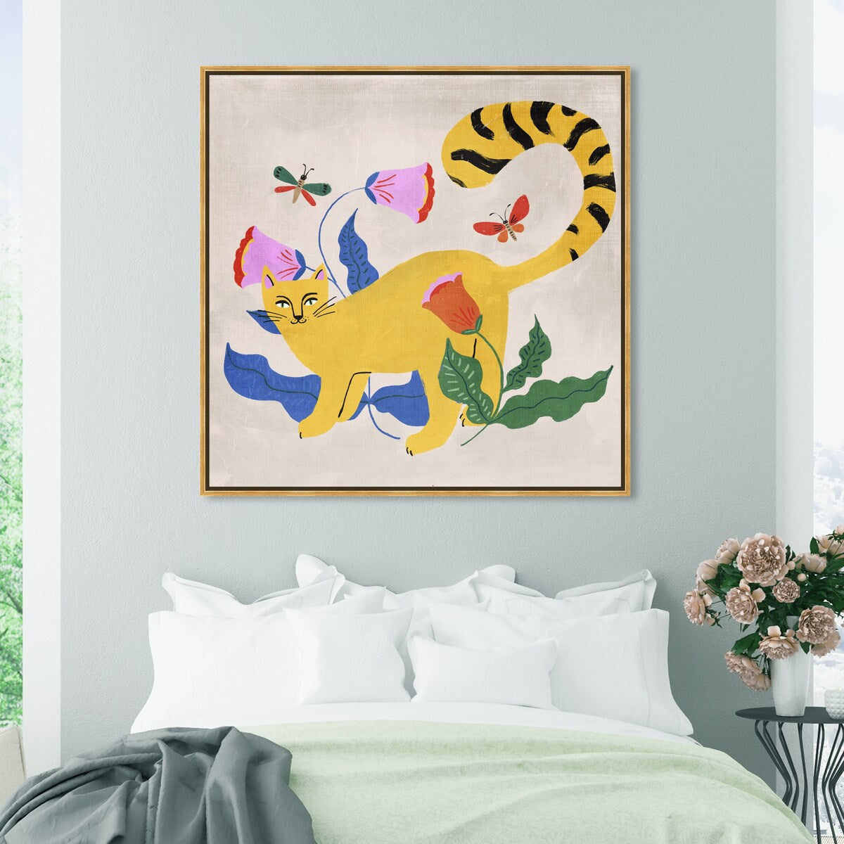 Blonde Tabby Floral Kitten Butterfly Garden Modern Yellow Framed Canvas Wall Art Print - Home Decor for Bedroom, Living Room & Nursery