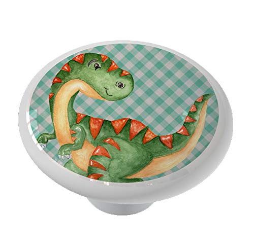 Vintage Green Gingham Dinosaur Ceramic Drawer Knob - Cute Kitchen Cabinet & Furniture Hardware Pulls for Kids Room, Nursery Decor, DIY Drawer Handles Upgrade (Set of 4) - Perfect for Bedroom, Bathroom, Dresser and Cabinet Organization