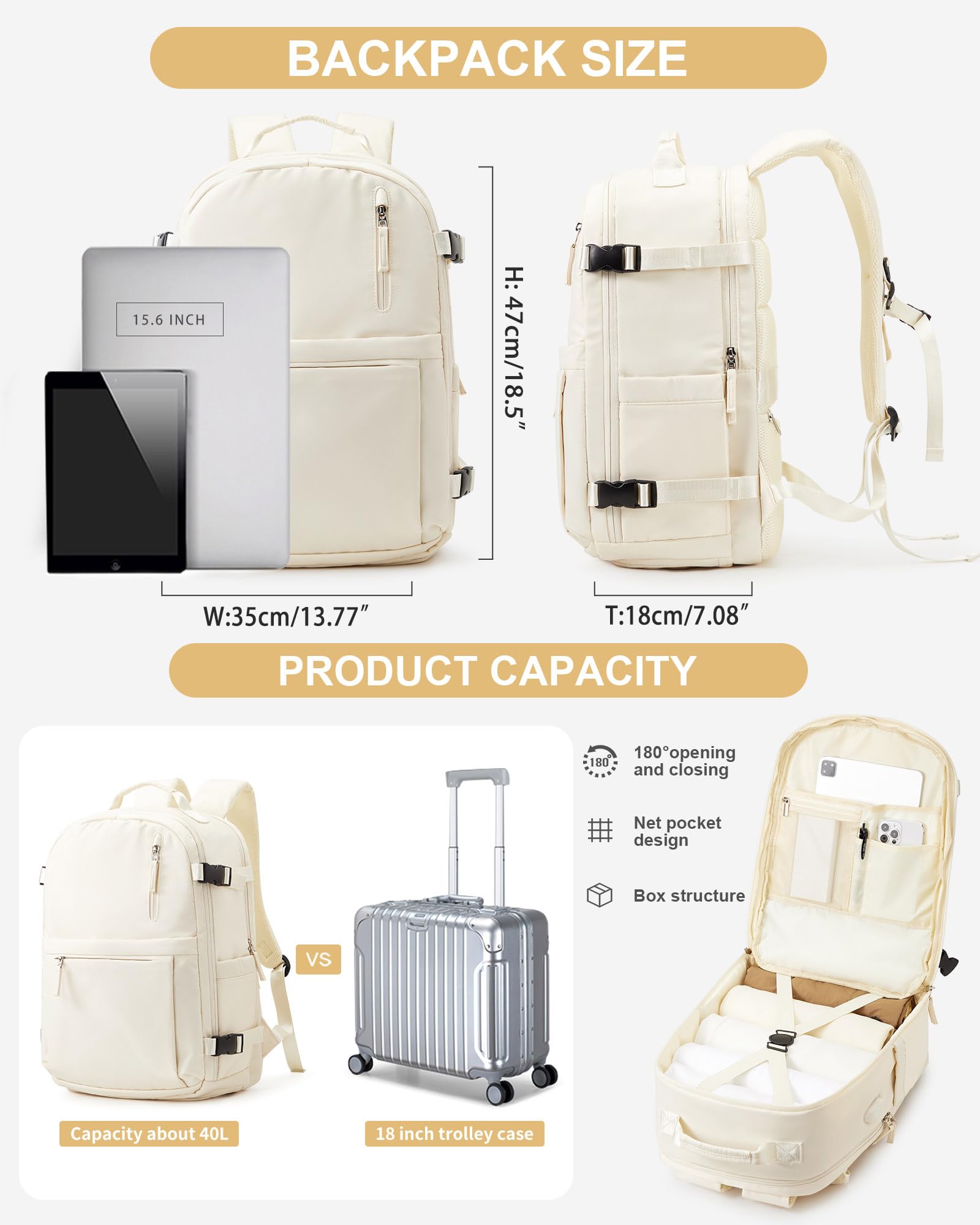 Lightweight Travel Backpack for Women & Men - Airline Approved Carry-On Backpack with USB Charging Port, Shoe Compartment & Waterproof Design (Beige) - Perfect for Air Travel, Commuting & Outdoor Adventures