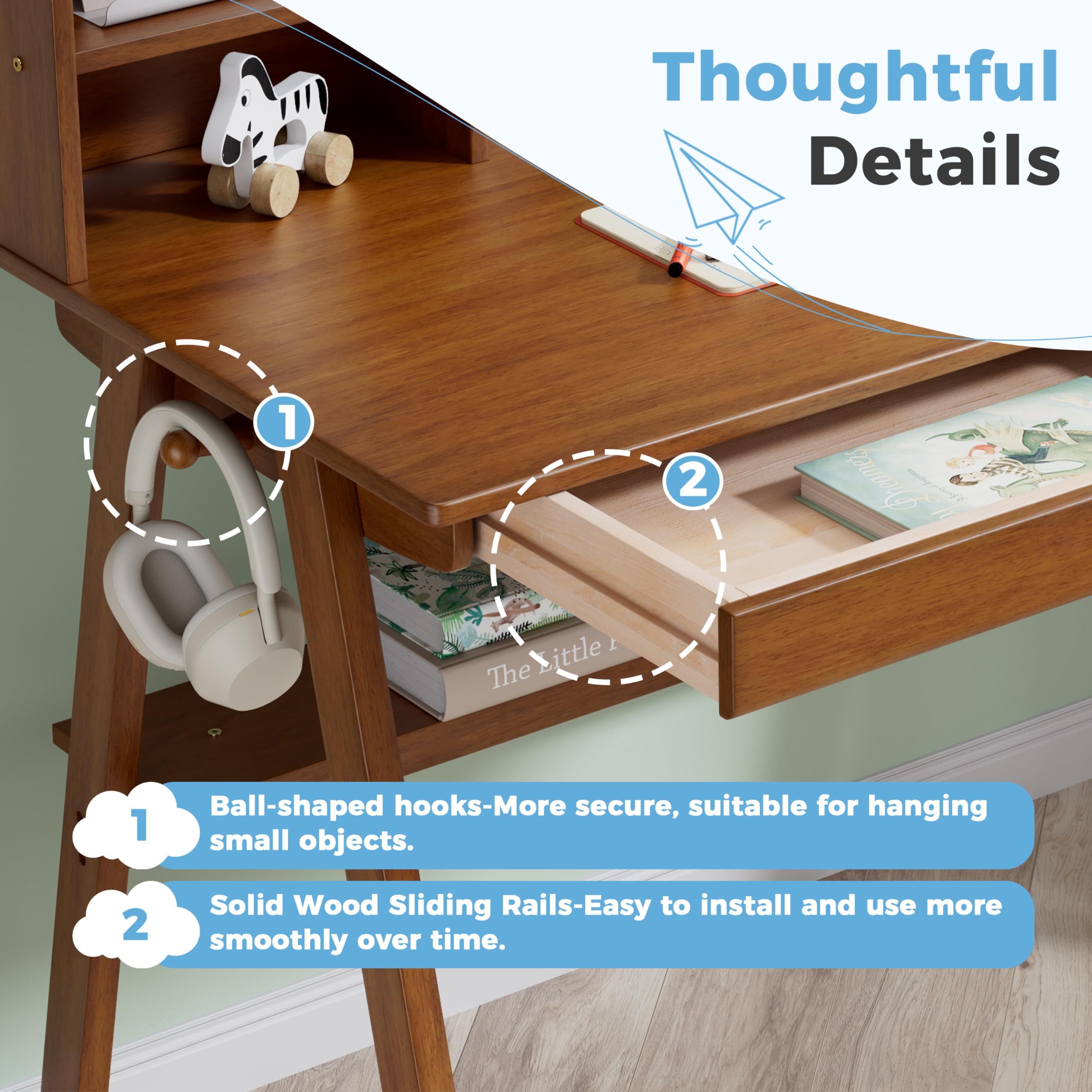 DELAVIN 39.37 Inch Solid Wood Kids Desk and Chair Set - Adjustable Study Computer Desk with Storage Drawers & Hutch - Children's Wooden Student Writing Art Table for Bedroom, Study Room, Home Schooling - Features Cable Management Hole in Walnut Finish - Perfect for Online Learning & Homework Station