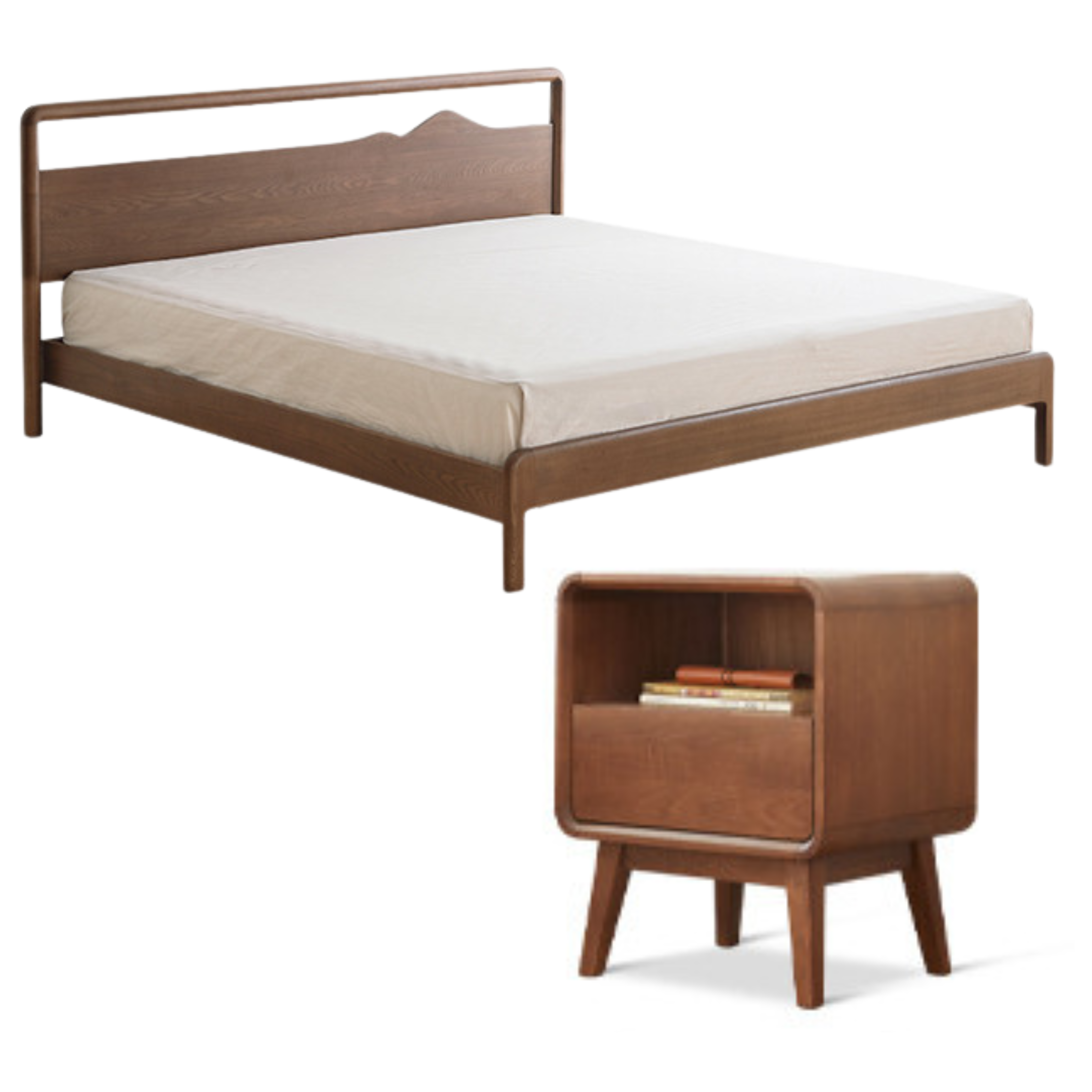 Ash walnut color bed Low-rise version suitable + bedside table x 2