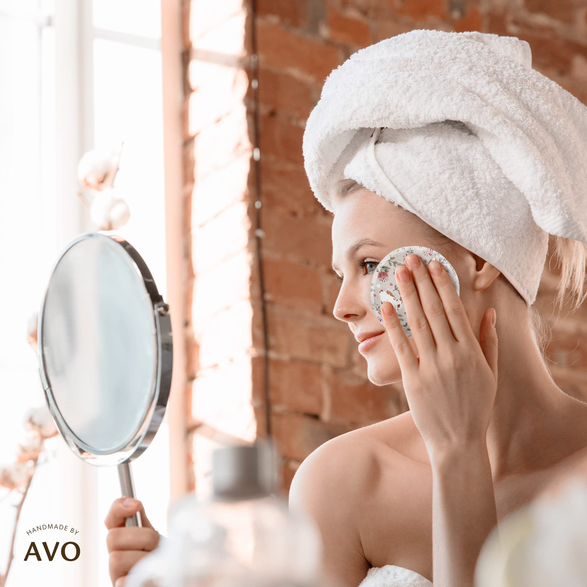 AVO Handmade Organic Cotton Reusable Makeup Remover Pads & Facial Rounds with Quilted Fabric Pouch - Eco-Friendly Beauty Essentials for Daily Skincare & Travel (Rabbit Design)
