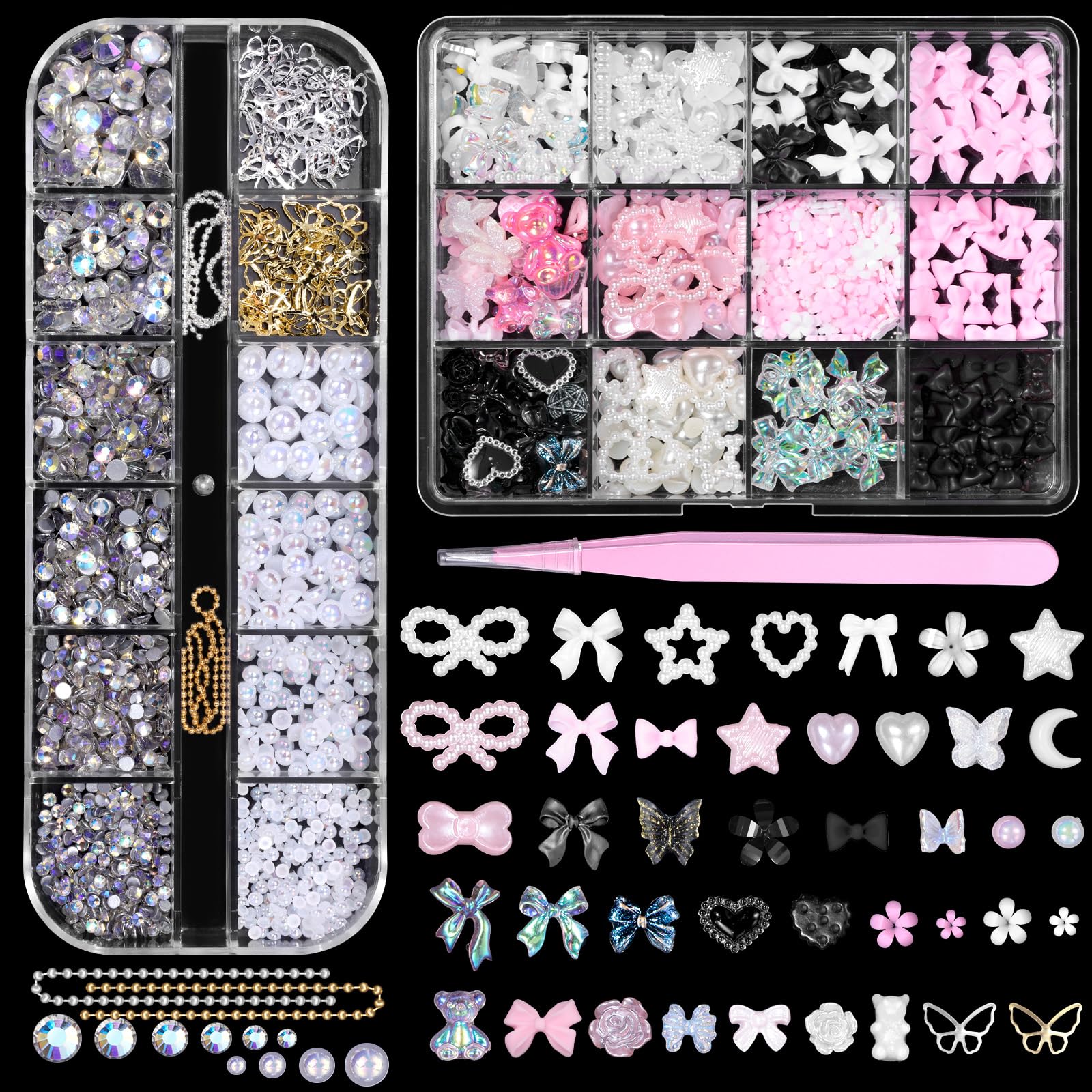 2 Boxes 3D Nail Art Charms Set - Bow, Bowknot, Butterfly, Flower, Half Round Pearl & Rhinestone, Star, Heart Pearls for DIY Nail Designs | Perfect for Salon, Home Manicure, Nail Art Enthusiasts & Gift Giving