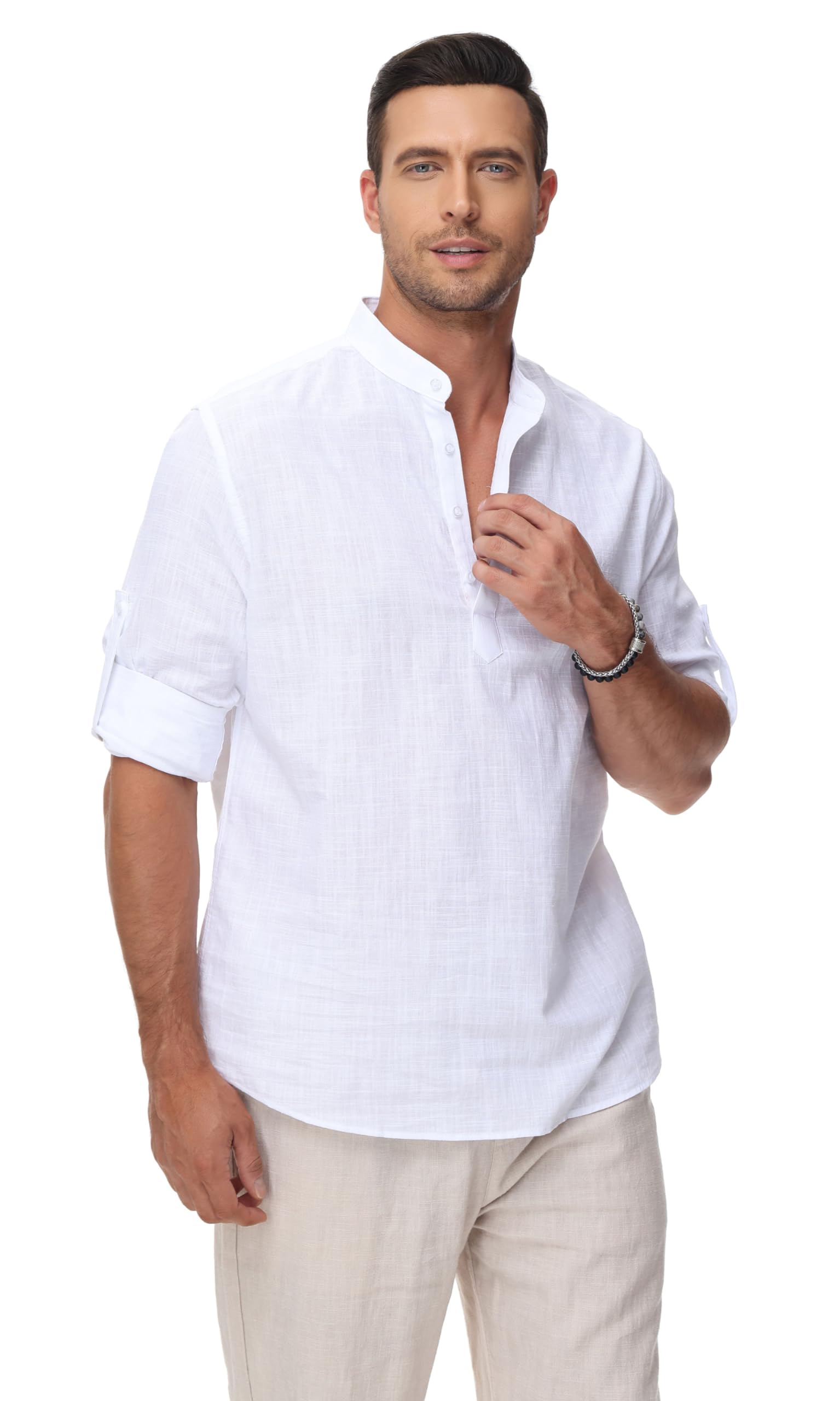 Men's Cotton Linen Shirts - Casual Lightweight Long Sleeve Henley Beach Shirts | Hawaiian Style Summer T-Shirts for Outdoor Activities, Vacations & Relaxation
