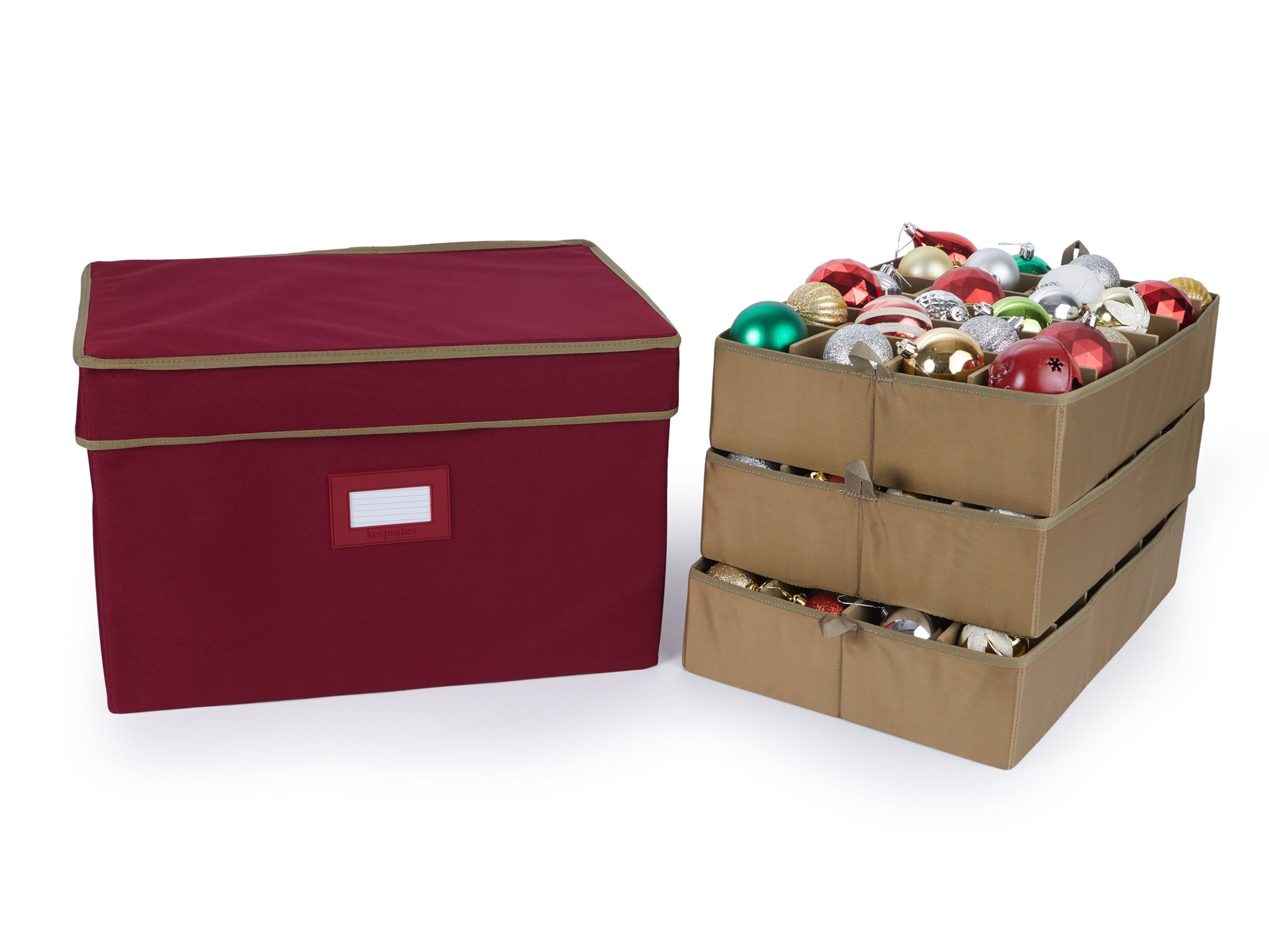 Covermates Keepsakes Adjustable Christmas Ornament Storage Box with Carrying Handles & Padded Protection - Holiday Decor Organizer for Xmas Tree Decorations (Red) - Perfect for Seasonal Storage & Home Organization