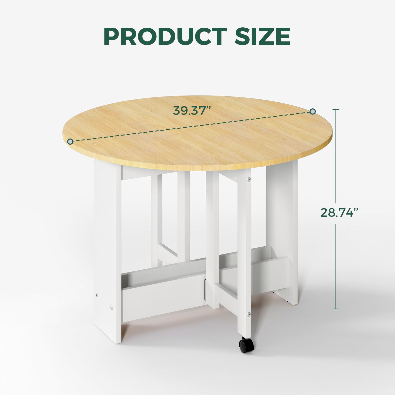 Round Drop-Leaf Folding Dining Table - Space Saving Extendable Kitchen Table with Storage & Wheels | Multifunctional Convertible Farmhouse Table for Small Spaces | Perfect for Apartments, Dorms, Living Rooms & Compact Dining Areas