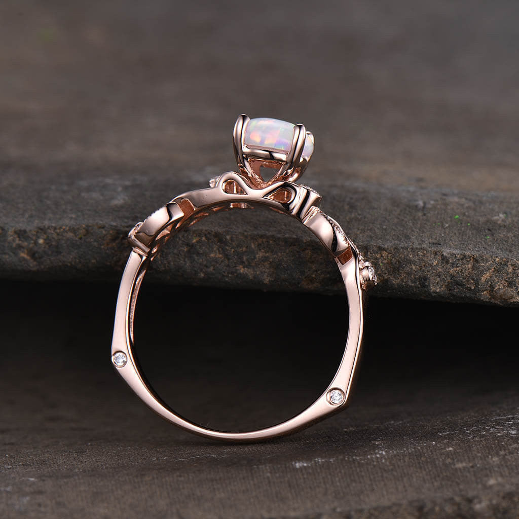14K & 18K Rose Gold Opal Engagement Ring - Round Cut Art Deco Wedding Band with Milgrain Detailing - Vintage Style Anniversary Gift Set for Women - Perfect for Proposals, Weddings & Special Occasions