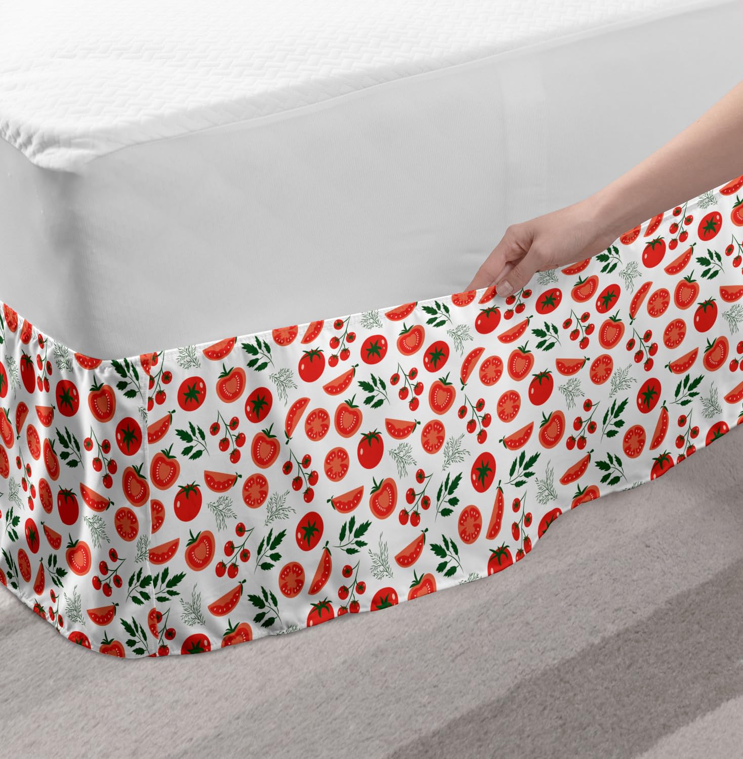 Ambesonne Healthy Lifestyle Vegetarian Diet Themed Bedskirt - Organic Fresh Tomatoes Print Wrap Around Elastic Gathered Design - Queen Size Vermilion White - Perfect for Bedroom Decor & Vegan Home Aesthetics