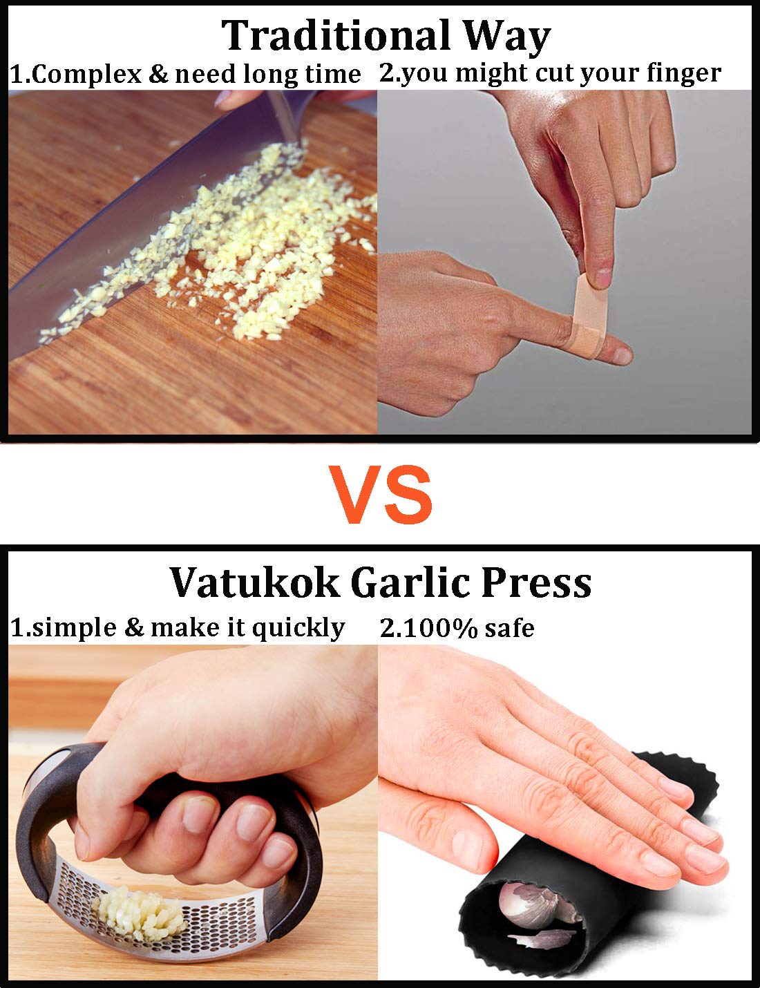Premium Stainless Steel Garlic Press & Mincer with Peeler & Cleaning Brush - Heavy Duty Garlic Chopper, Grinder, Slicer for Fresh Cloves - Perfect for Cooking, Baking & Meal Prep (Black)