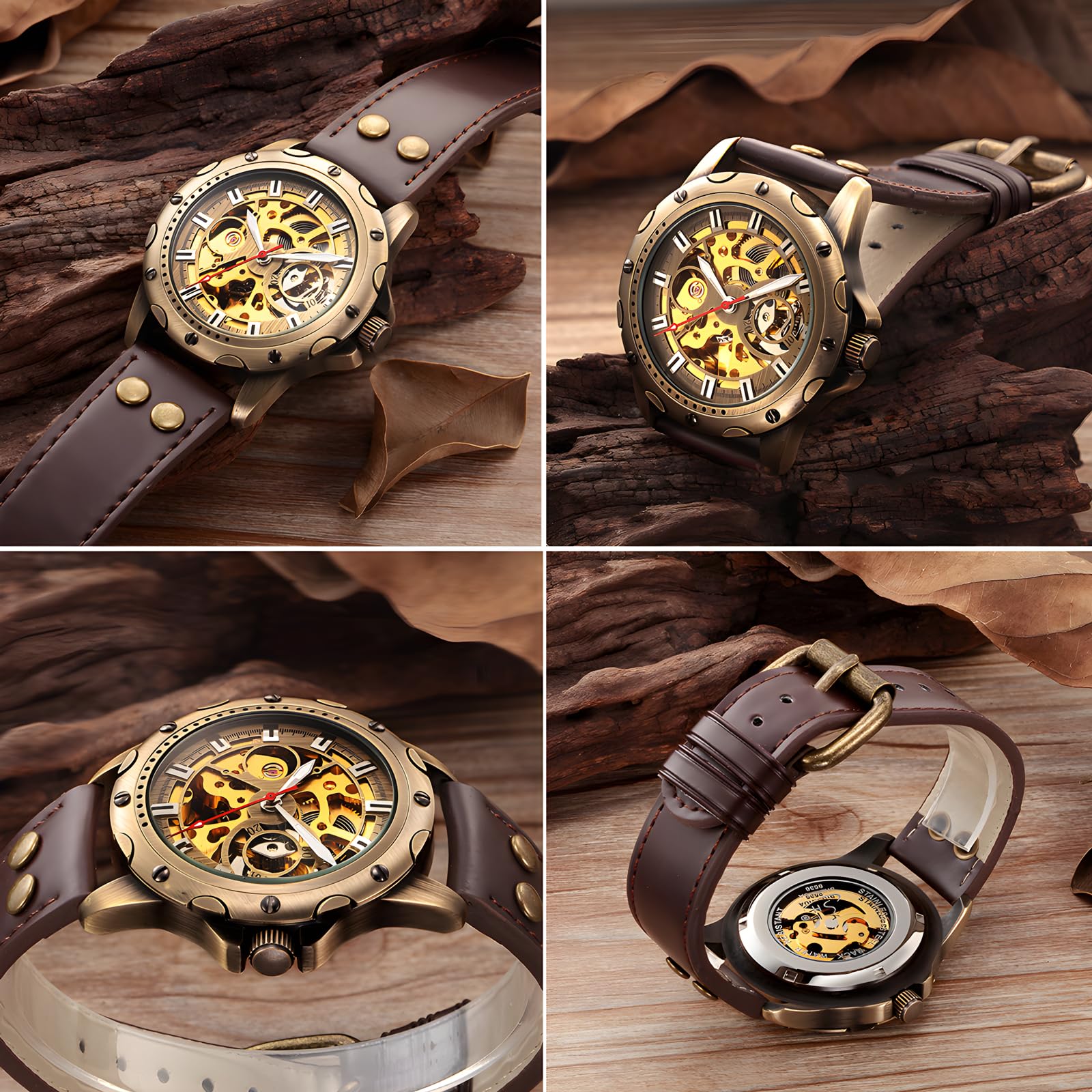 Steampunk Vintage Bronze Automatic Watch for Men - Genuine Leather Strap CH523 | Perfect for Cosplay, Gothic Fashion & Retro Style Outfits