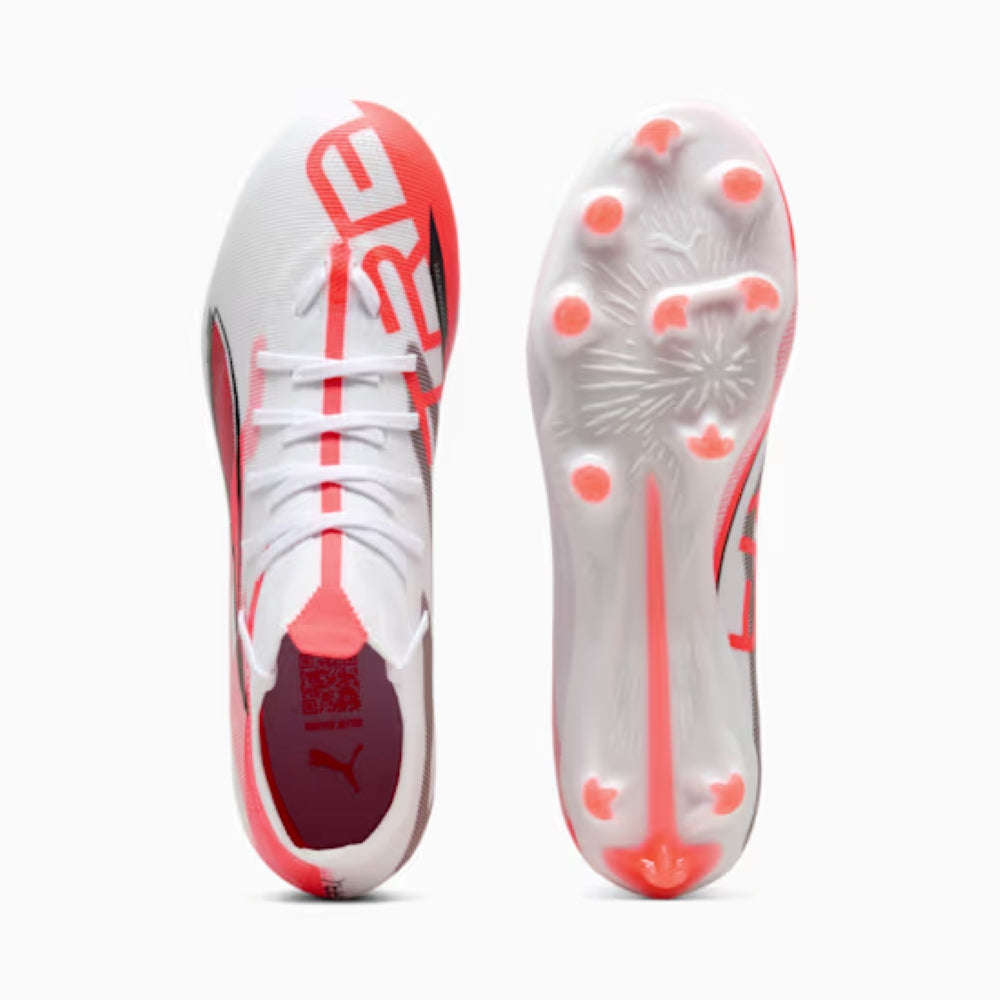 Puma Ultra 5 Match+ FG/AG Soccer Cleats for Men - White/Black/Glowing Red - Lightweight Football Boots for Artificial Grass & Firm Ground - Perfect for Match Play & Training Sessions
