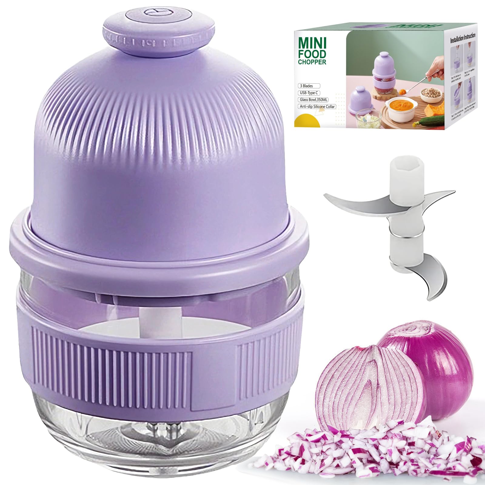 350ml Cordless Food Processor - Mini USB-C Rechargeable Electric Chopper for Garlic, Vegetables & Meat | Portable Battery-Powered Kitchen Blender with Glass Bowl | Perfect for Small Kitchens, Camping & RV Cooking (Purple)