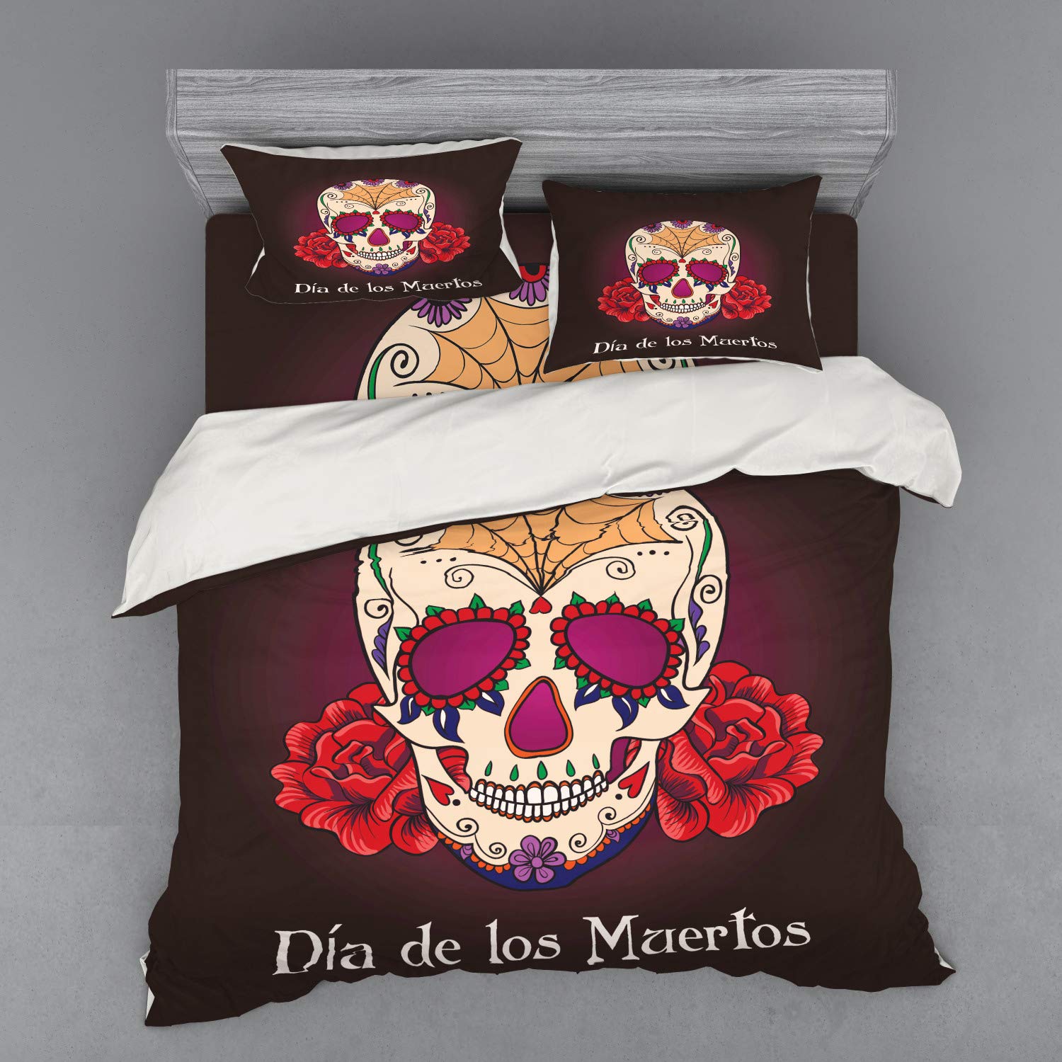 Ambesonne Day of The Dead Duvet Cover Set - Dia de Los Muertos Spanish Skull & Skeleton Print 4-Piece Bedding Set with Shams & Fitted Sheet, King Size in Plum Red Cream - Perfect for Halloween Decor & Mexican-Themed Bedrooms