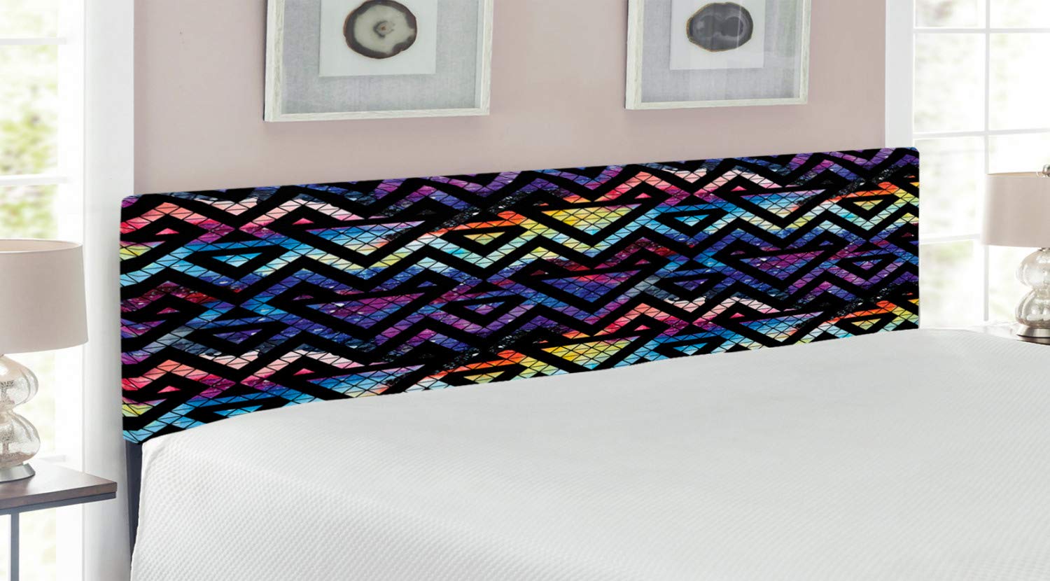 Ambesonne Geometric King Size Headboard - Galaxy Themed Upholstered Metal Bed Frame with Memory Foam, Triangle & Line Lace Pattern - Perfect for Modern Bedroom Decor & Space-Themed Interior Design