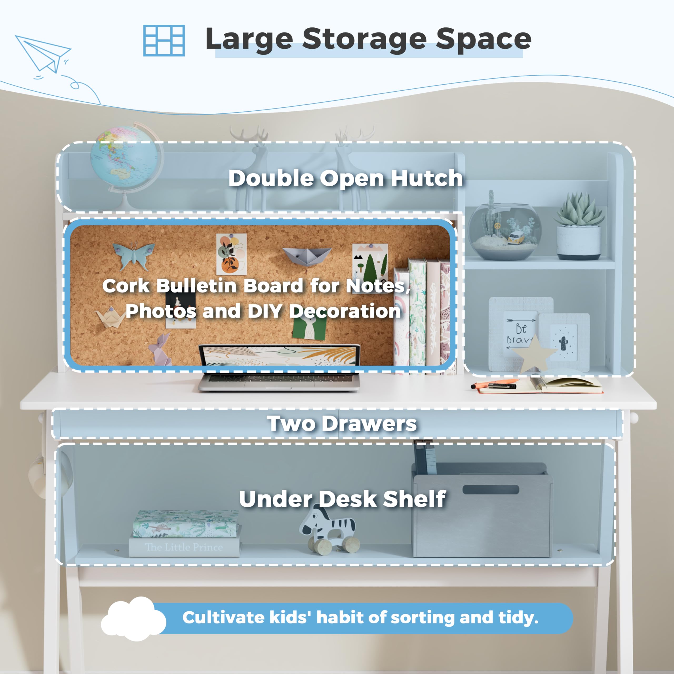 DELAVIN 39.37 Inch Kids Study Desk and Chair Set - Solid Wood Children's Computer Desk with Storage Drawers & Cork Bulletin Board - White Kids Furniture for Bedroom, Homeschool & Playroom