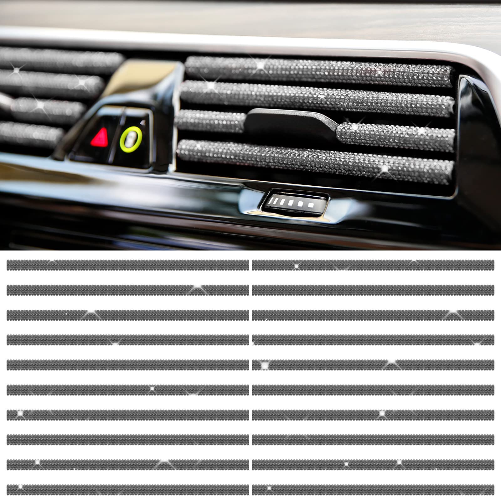 COGEEK 20 Pcs Bling Car Vent Outlet Strip - Rhinestone Car Interior Moulding Trim for DIY Air Conditioning Decoration | Shiny PVC Car Accessories for Women (Gray) | Perfect for Car Interior Styling and Personalization