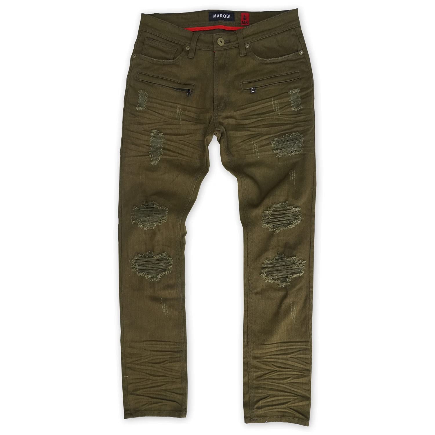 Makobi Olive Rochester Coded Shredded Jeans for Women - Distressed Ripped Denim Pants with Unique Design - Perfect for Casual Outfits, Streetwear Fashion and Night Out Looks