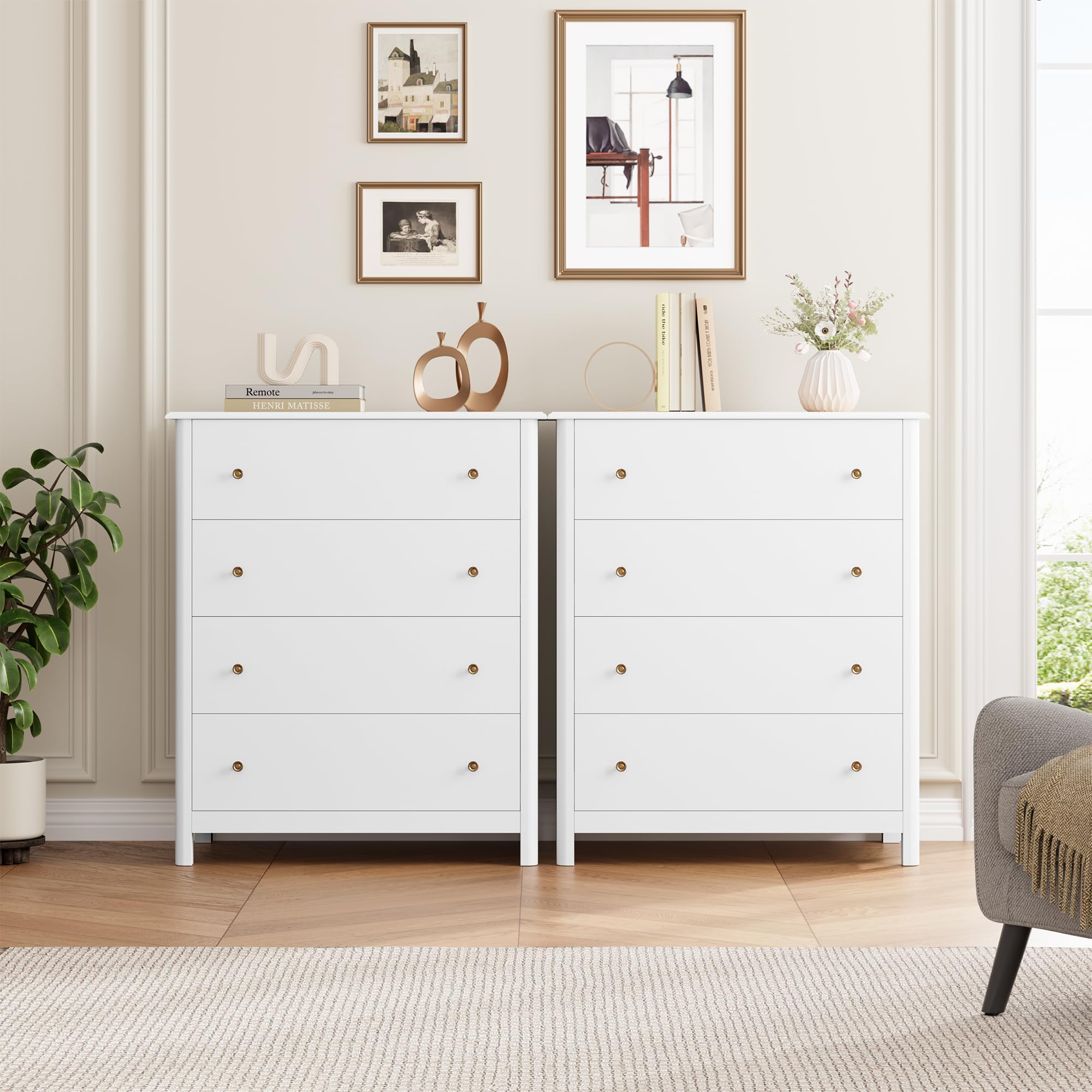 HOUSUIT White Dresser with 4 Drawers - Modern Wooden Storage Cabinet for Bedroom, Living Room, Entryway & Hallway - Ivory White Chest of Drawers for Home Organization & Decor