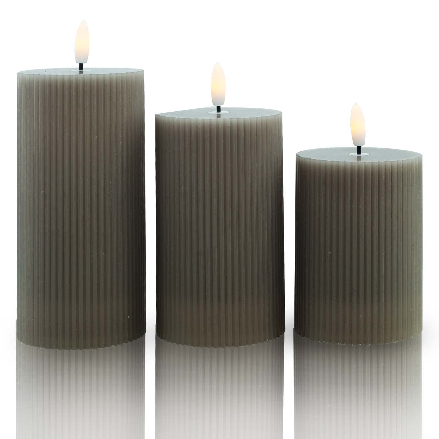 Premium Flameless LED Candles - Battery Operated Real Wax Pillar Candles with 3D Wick & 10-Key Remote (Set of 3, Grey) - Perfect for Home Decor, Weddings, and Romantic Ambiance