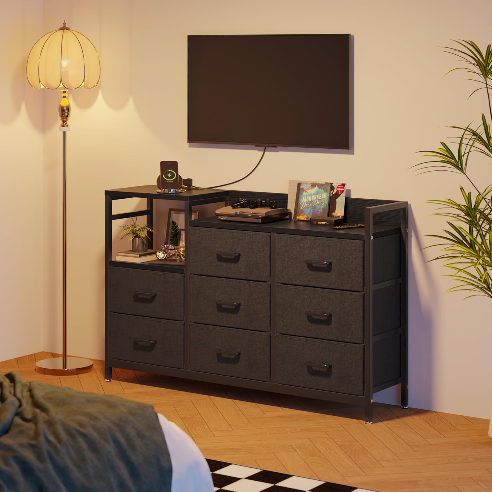 52-Inch Long ODK Dresser with Charging Station & 8 Storage Drawers - Sturdy Steel Frame & Wooden Top Fabric Dresser for Bedroom Organization - Perfect for Small Spaces, Dorm Rooms & Apartment Storage Solutions