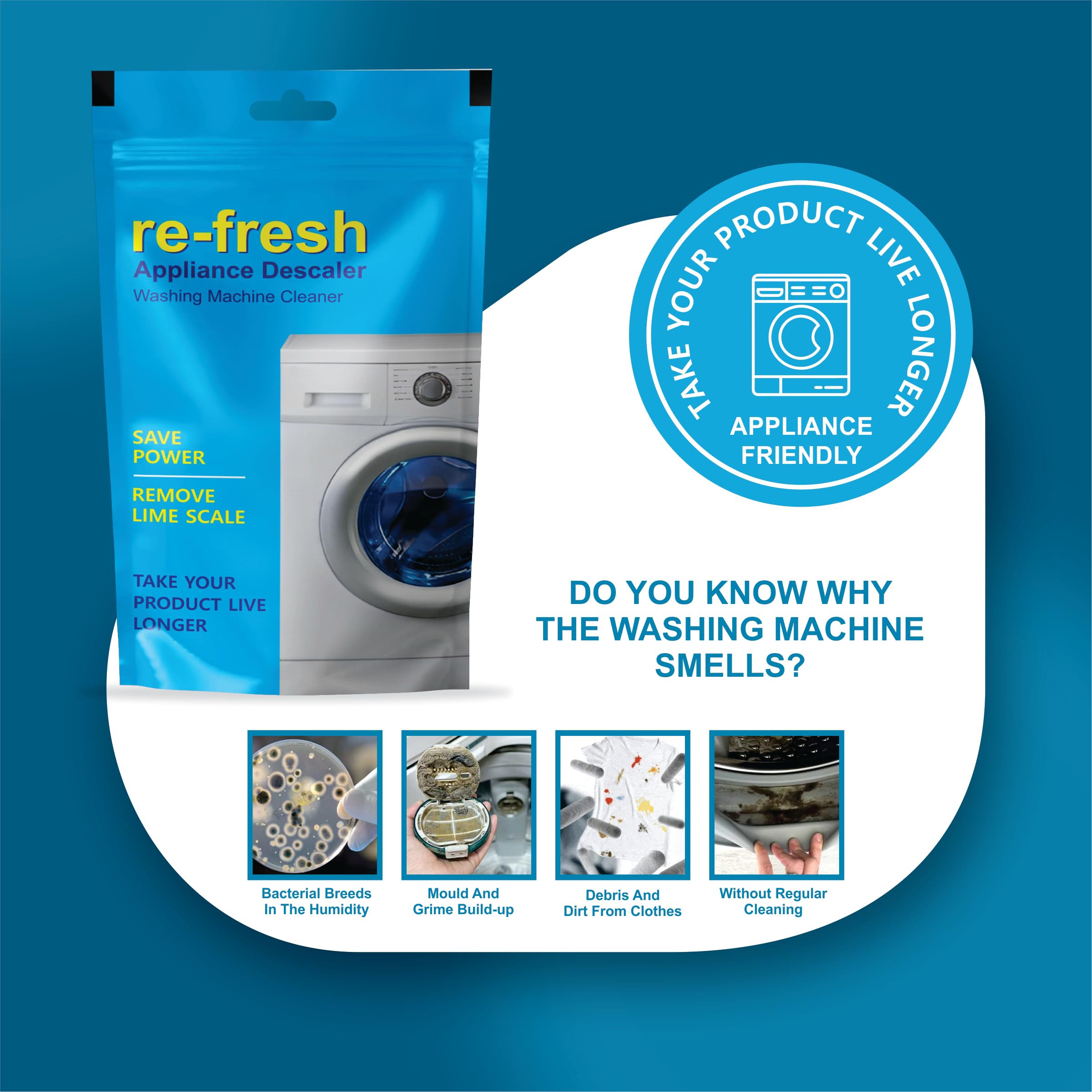 Walvia Re-fresh Washing Machine Cleaner Powder - 600g (Pack of 6) | Top & Front Load Washer Descaler, Drum Cleaner for Limescale & Odor Removal | Perfect for Laundry Maintenance & Appliance Care