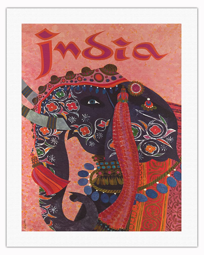 Vintage India Travel Poster - Adorned Elephant Art by David Klein 1960 - Fine Art Rolled Canvas Print 20x26 inches - Perfect for Home Decor, Office Wall Art & Gift Ideas