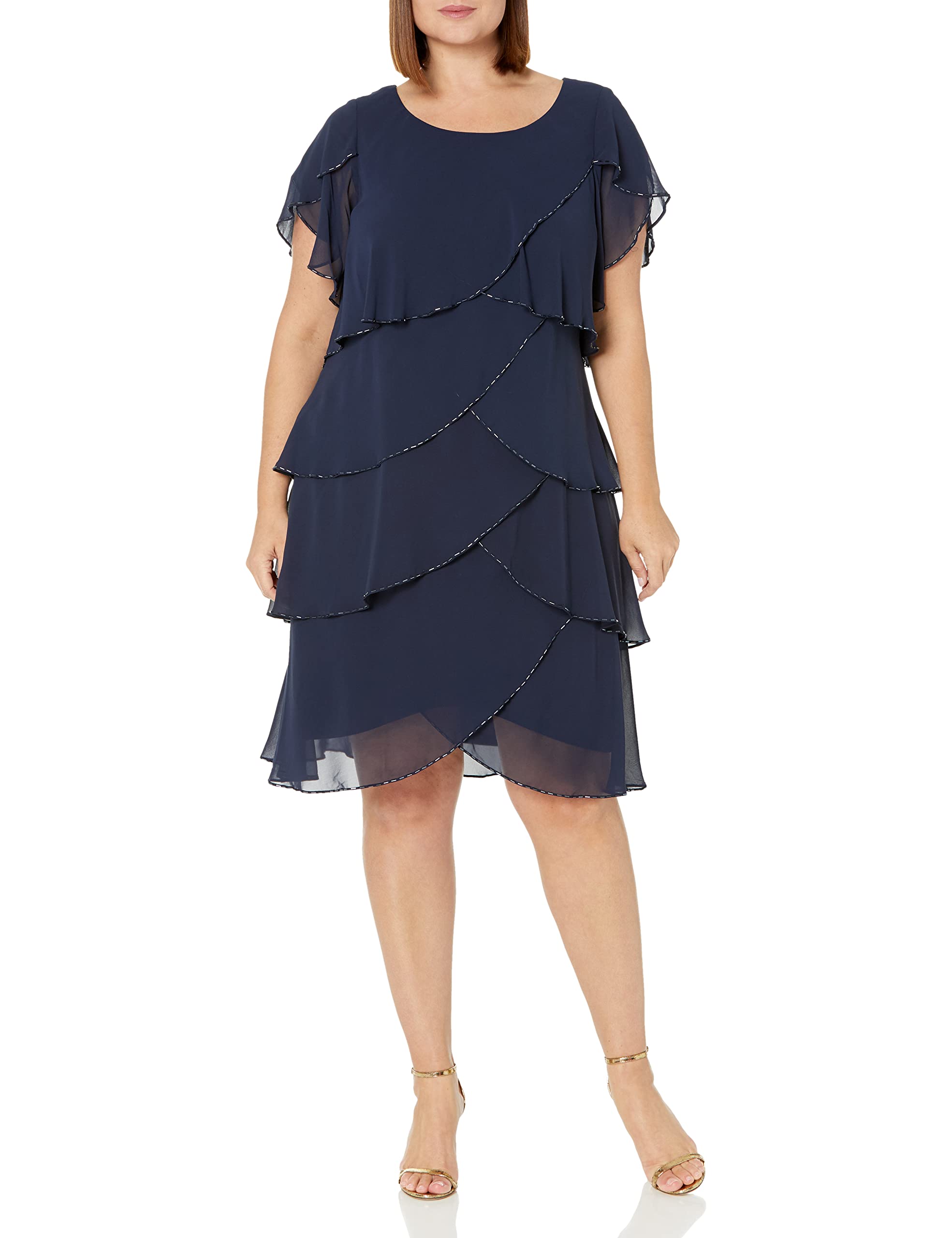 S.L. Fashions Women's Plus Size Beaded Capelet Tier Dress for Special Occasions & Evening Events - Elegant Formal Wear for Weddings, Parties & Holiday Gatherings