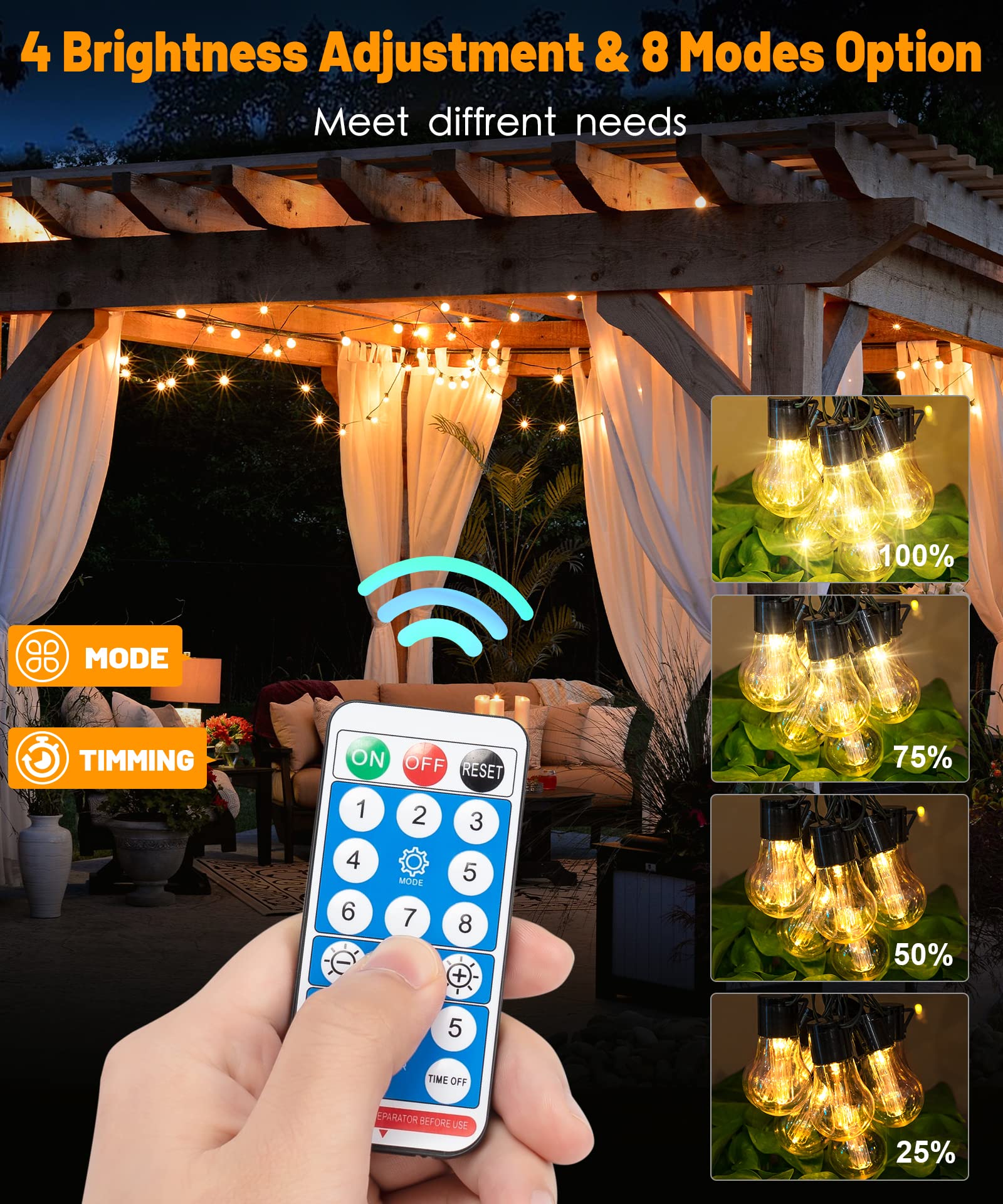 46FT Solar String Lights Outdoor with Remote - 30 LED Shatterproof Bulbs, USB & Solar Powered, 8 Lighting Modes, IP65 Waterproof - Perfect for Garden, Patio, Gazebo, Wedding & Party Decorations (Warm White)