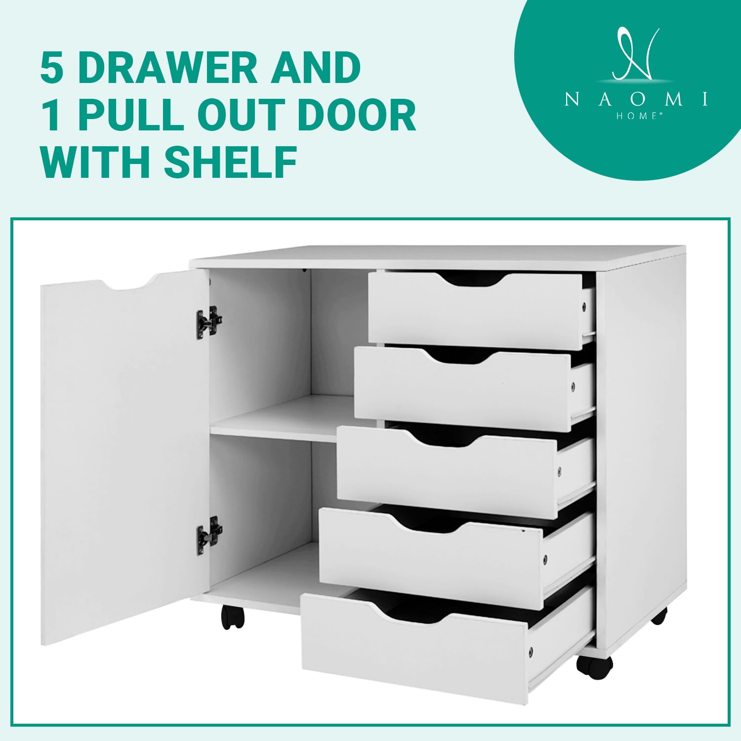 Naomi Home Amy 5-Drawer Rolling Dresser - White Wooden Storage Cabinet with Wheels, 180 lbs Capacity | Craft Organization, Makeup Vanity & Office File Storage | Perfect for Bedroom, Closet & Home Office Organization