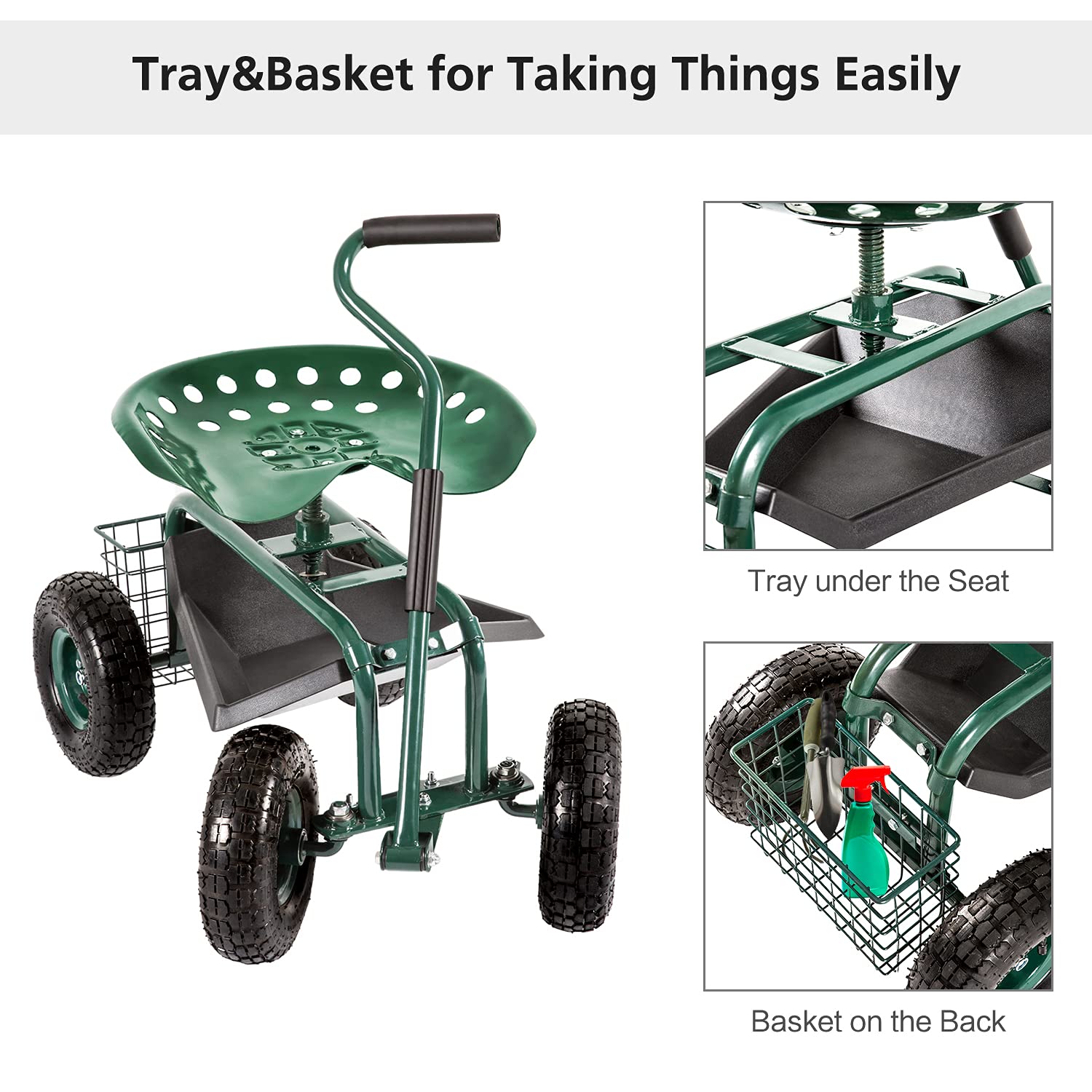 Heavy Duty Garden Cart with Wheels - Outdoor Rolling Work Seat & Patio Wagon Scooter for Planting, Gardening, and Yard Work - Includes Tool Tray for Convenient Storage (Perfect for Landscaping, Farming, and Home Garden Maintenance)