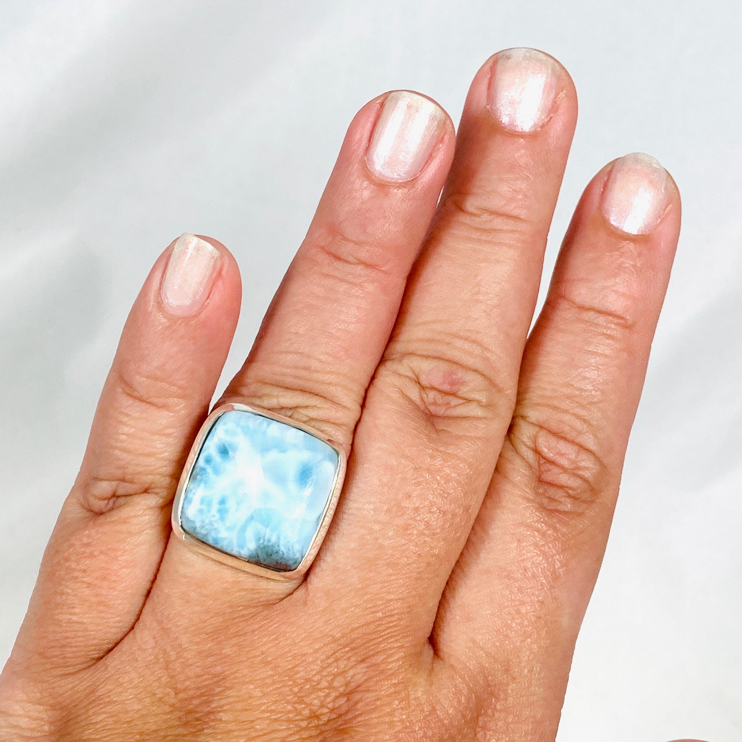 Larimar Square Ring Size 10 - Genuine Blue Stone Silver Jewelry for Women - Perfect for Beach Vacation, Boho Fashion & Gift Giving