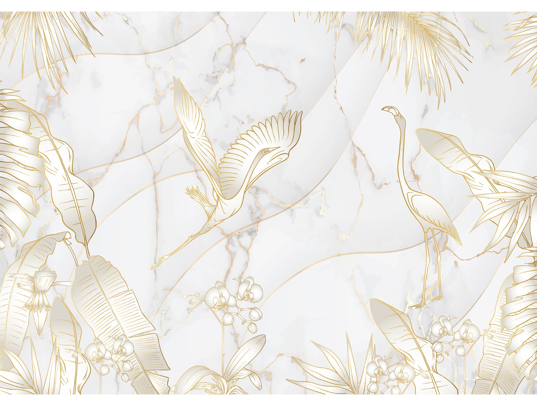 Gold Orchids and Birds Mural Wallpaper M1410 - Elegant Floral Peel and Stick Wallpaper for Living Room, Bedroom, or Nursery Decor