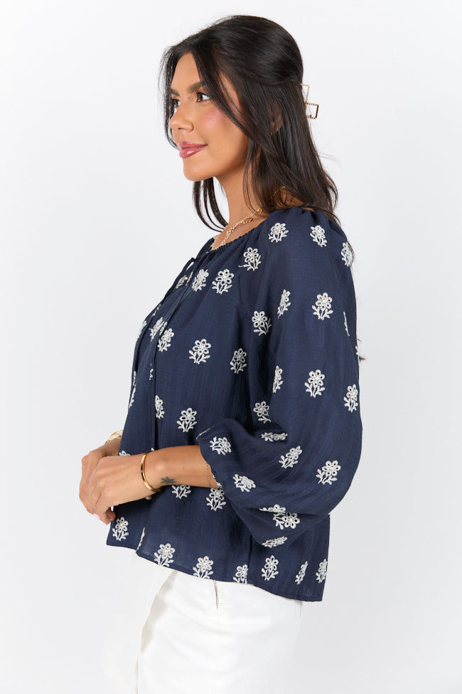 Navy Blue Embroidered Woven Popover Blouse for Women - Elegant Casual & Office Wear - Perfect for Work, Dates & Special Occasions