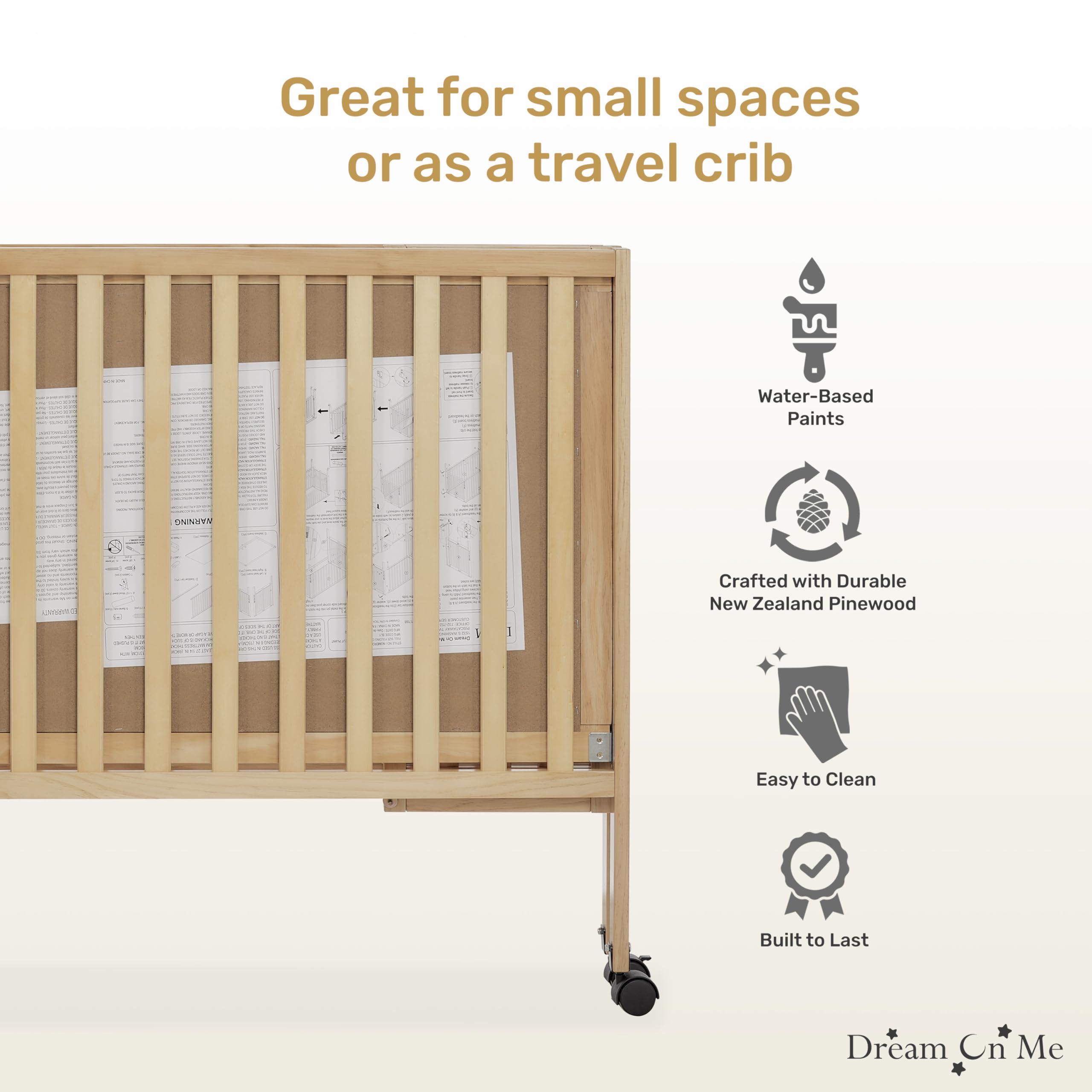 Dream On Me Quinn Full-Size Folding Crib - Natural Wood Portable Baby Crib with Removable Wheels, Adjustable Mattress Support & Patented Folding System | Modern Nursery Furniture for Home, Travel & Daycare Use