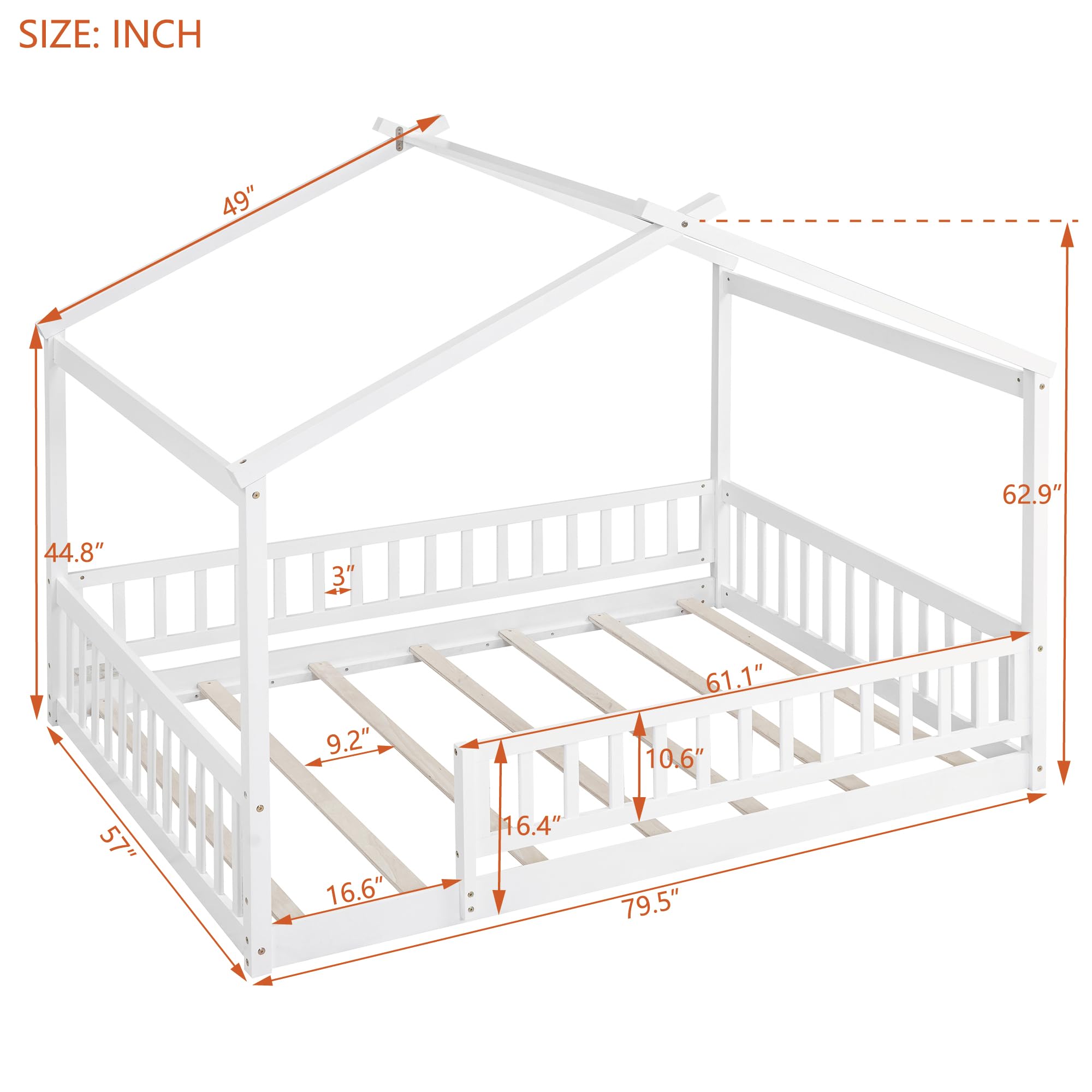 Montessori Floor Bed for Kids - Full Size Wooden House Bed Frame with Safety Fence | White Playhouse Bed for Toddlers & Children | Perfect for Montessori Bedrooms, Playrooms & Cozy Sleep Spaces