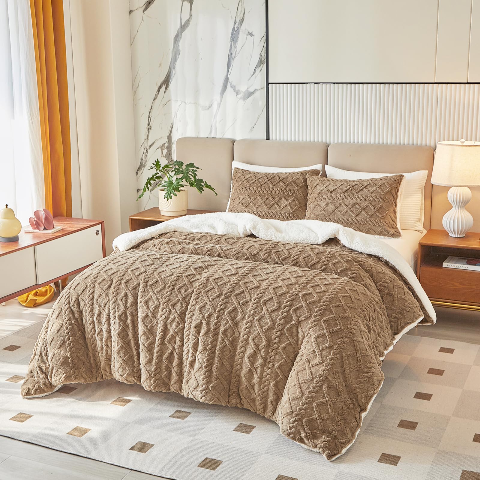 Joyreap 3-Piece Queen Size Fluffy Faux Fur Sherpa Comforter Set - 88x88 Inches, All Season Soft & Cozy Plush Bedding, Luxury Tufted Bed Comforter for Winter Warmth & Home Decor
