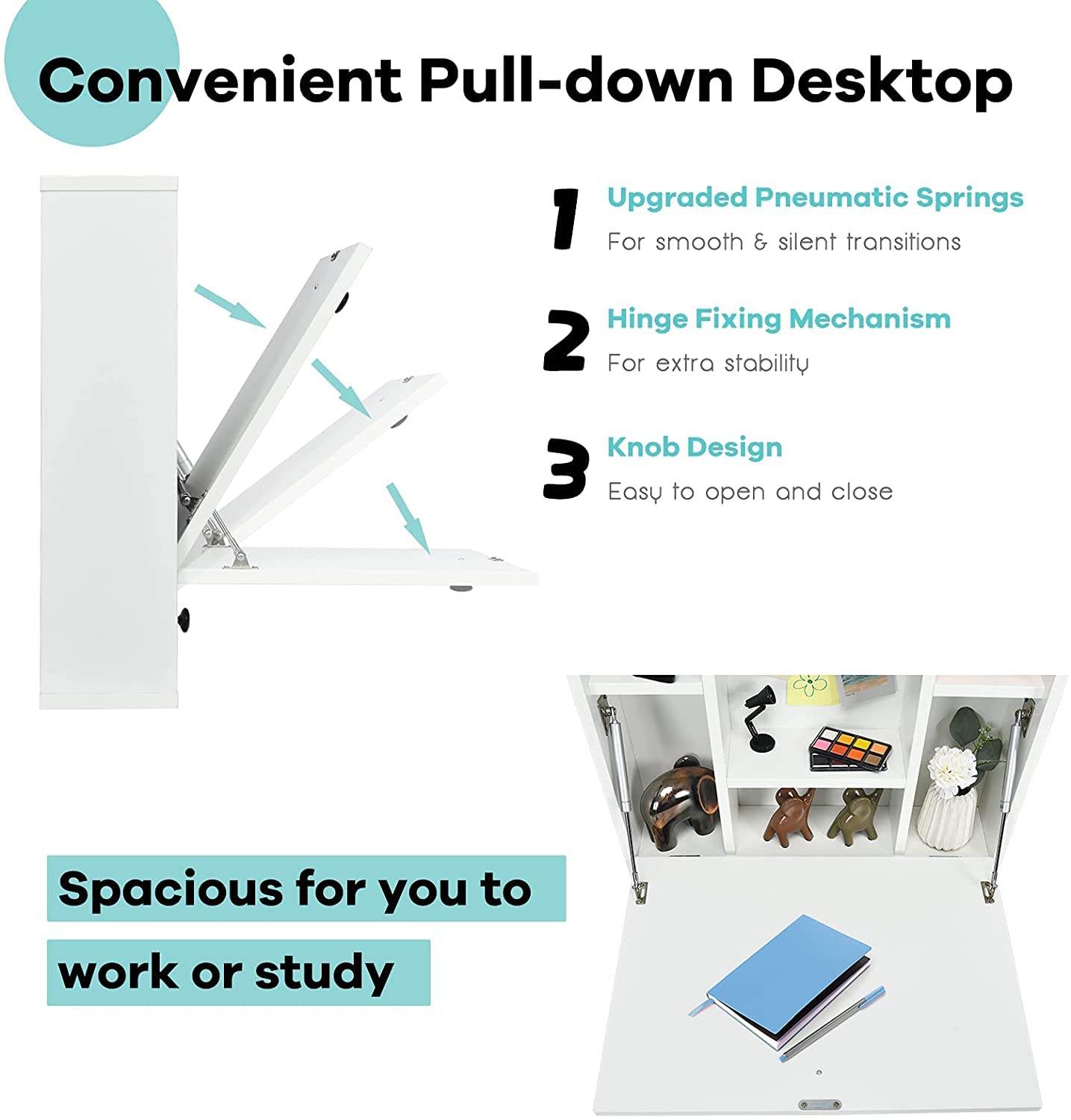CHEFJOY 2-in-1 Floating Wall Mounted Desk with Foldable Tabletop & Storage Compartments - Space Saving Fold Down Laptop Desk for Home Office, Bedroom & Small Spaces (White) - Perfect for Remote Work, Study Nook & Compact Living Areas