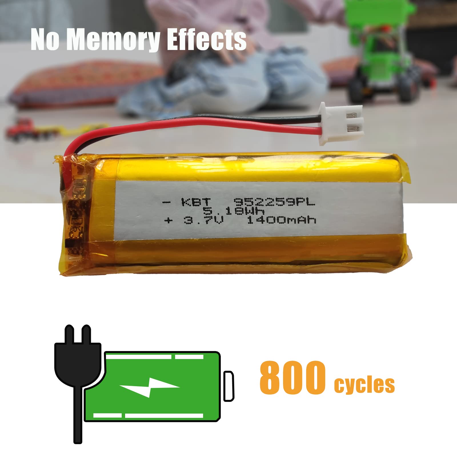 KBT 3.7V 1400mAh Li-Polymer Rechargeable Battery with JST 2.54 Connector - Replacement Battery for Digital Cameras, Drones, LED Lights, Toys & DIY Electronics - Perfect for Photography, RC Models, Night Lights & Science Experiments